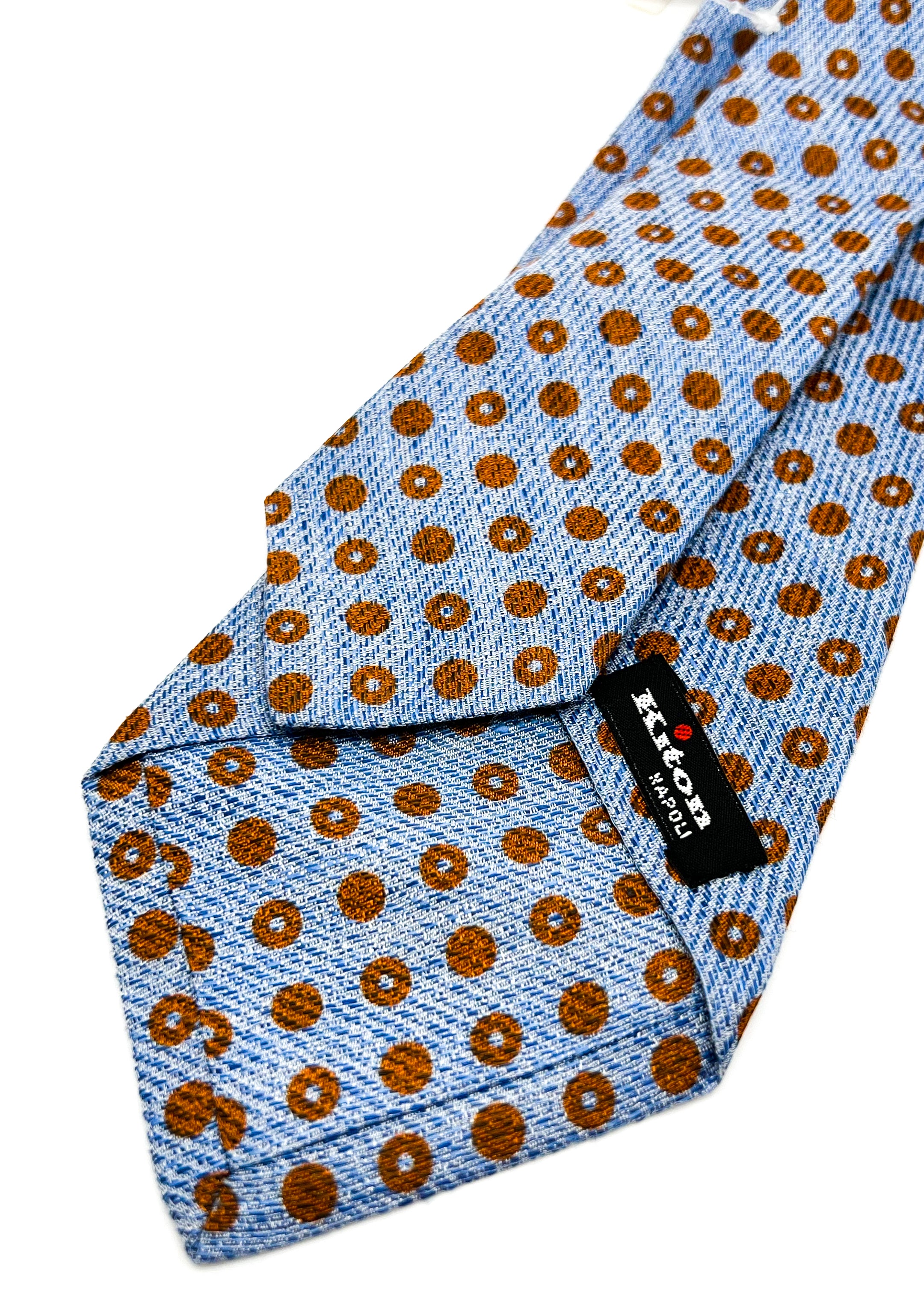 $285 KITON - NAPOLI *LINEN / SILK* Blue & Brown Alternating Polka Dot 3.25" - Tie