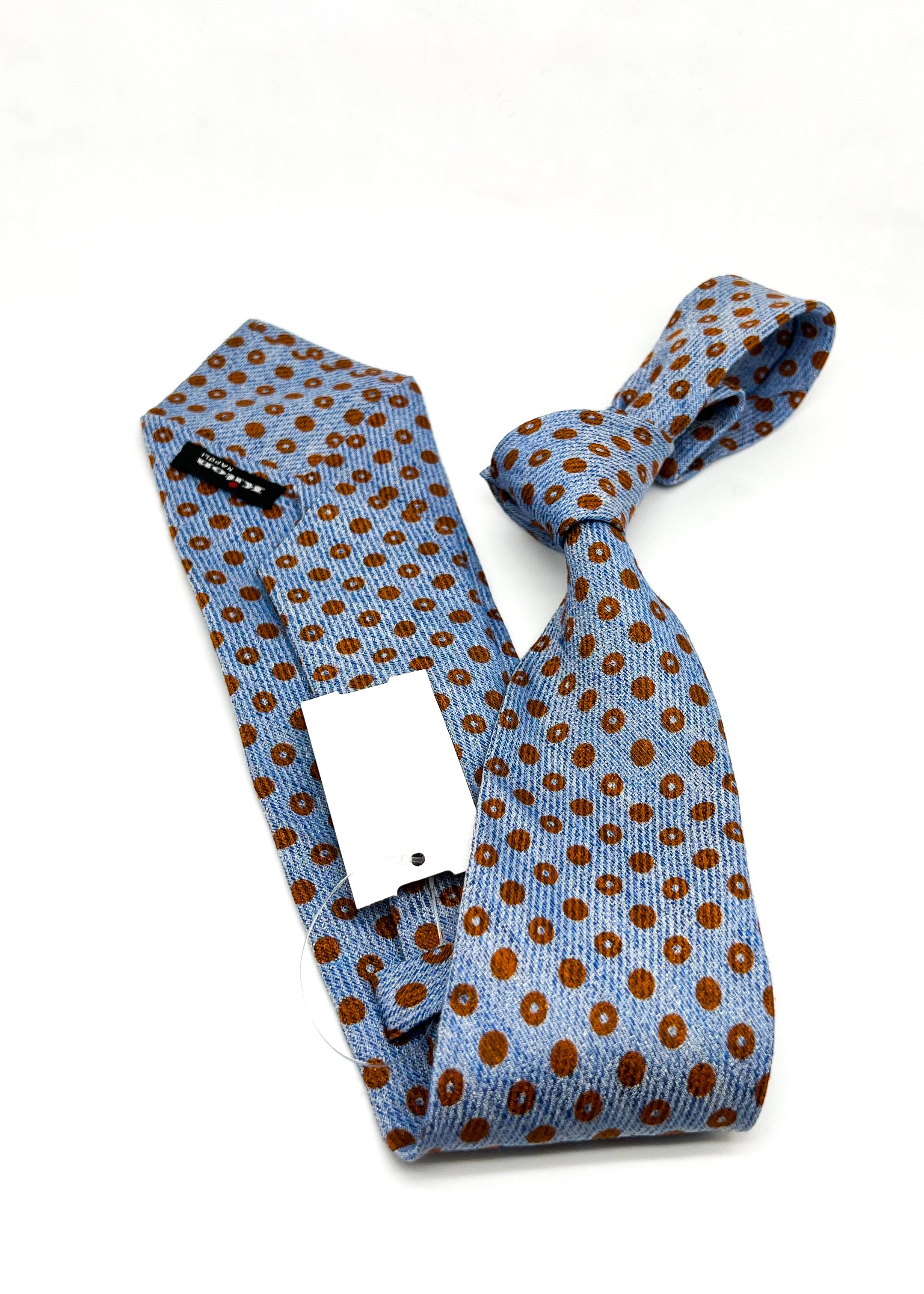 $285 KITON - NAPOLI *LINEN / SILK* Blue & Brown Alternating Polka Dot 3.25" - Tie