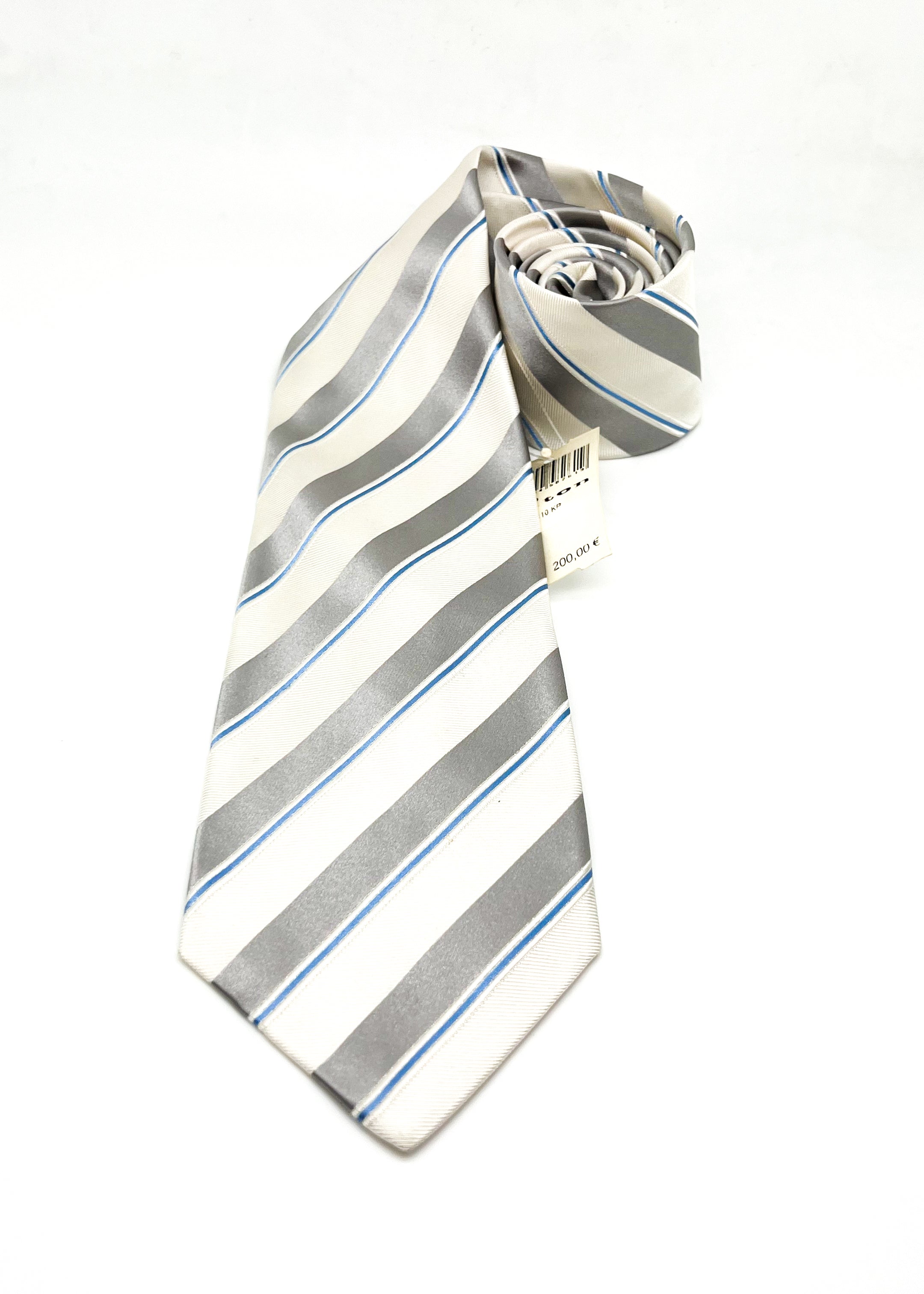 $285 KITON - NAPOLI *SILK / COTTON* Ivory & Blue Alternating Stripe 3.25" - Tie