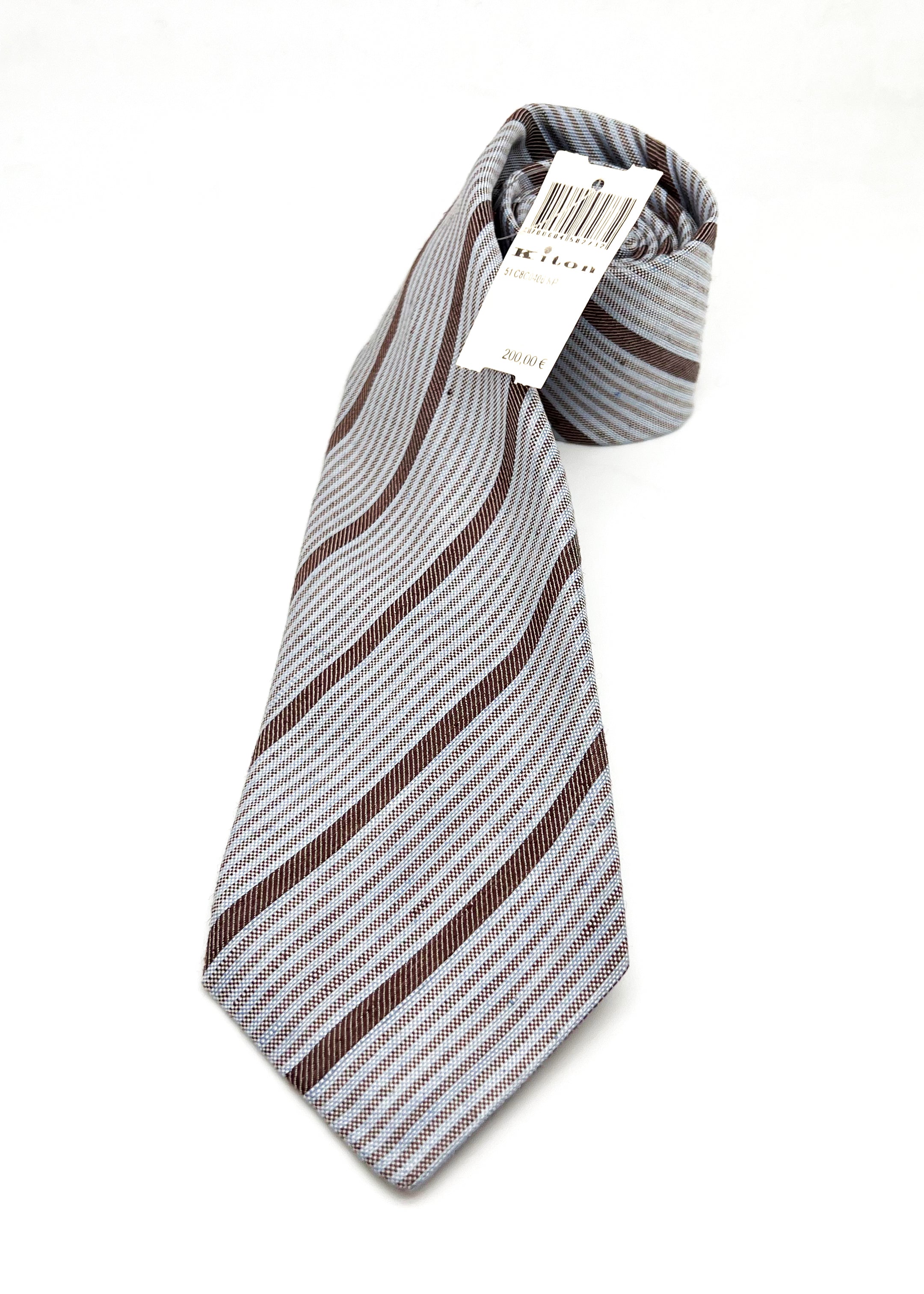$285 KITON - NAPOLI *LINEN / SILK* Brown & Pastel Blue Alt Stripe 3.25" - Tie