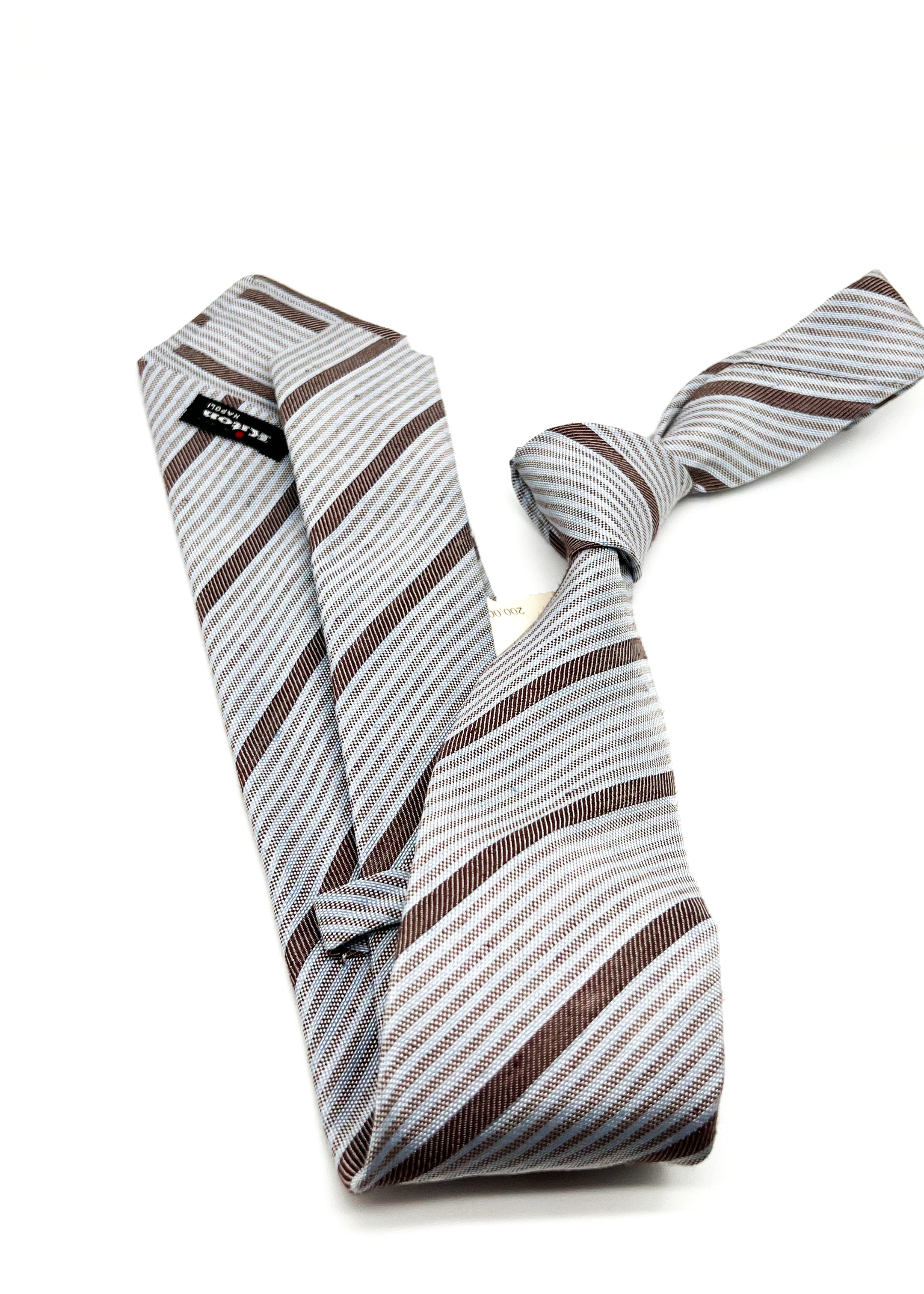 $285 KITON - NAPOLI *LINEN / SILK* Brown & Pastel Blue Alt Stripe 3.25" - Tie