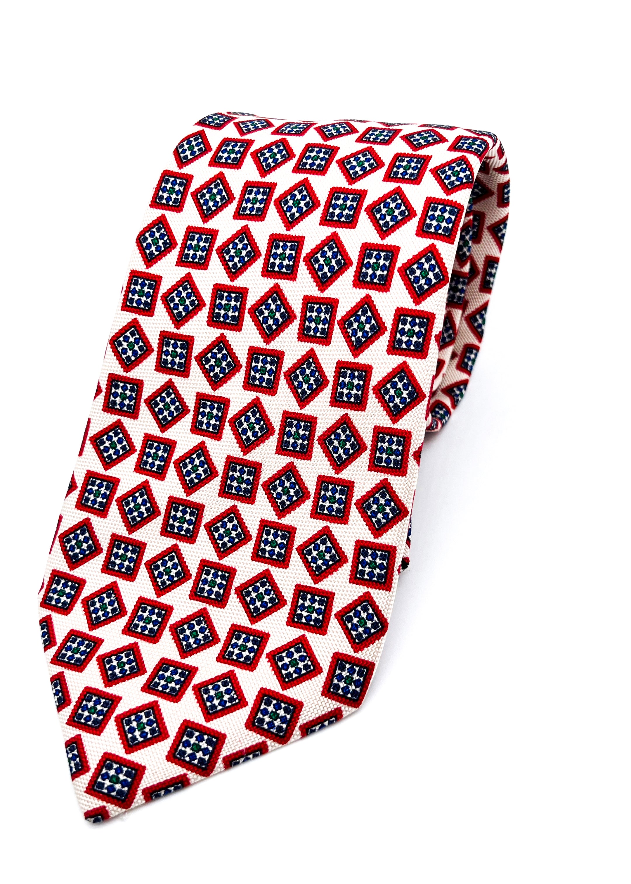 $285 KITON - NAPOLI *PURE SILK* Ivory & Red Printed Silk 3.5" - Tie