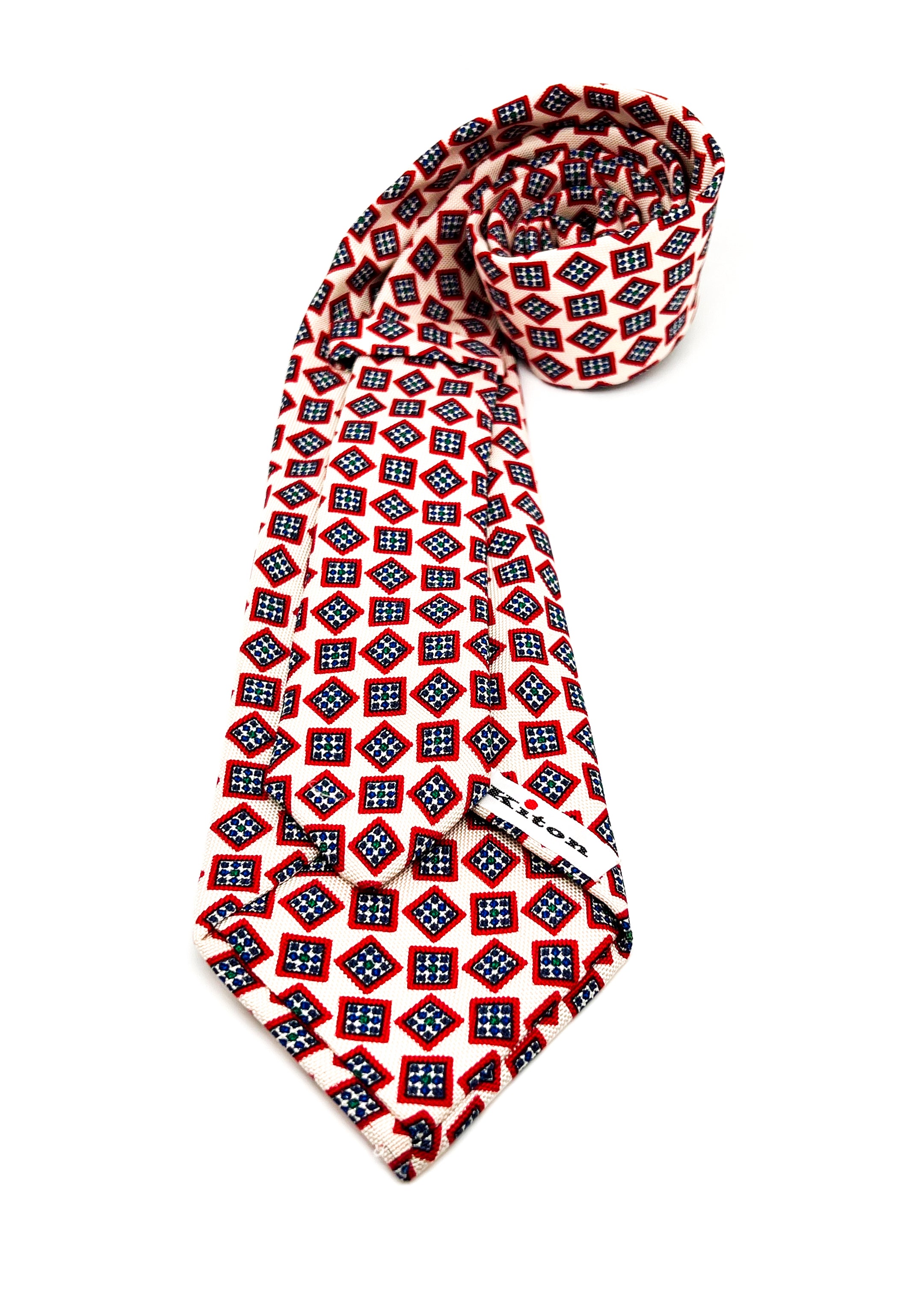 $285 KITON - NAPOLI *PURE SILK* Ivory & Red Printed Silk 3.5" - Tie