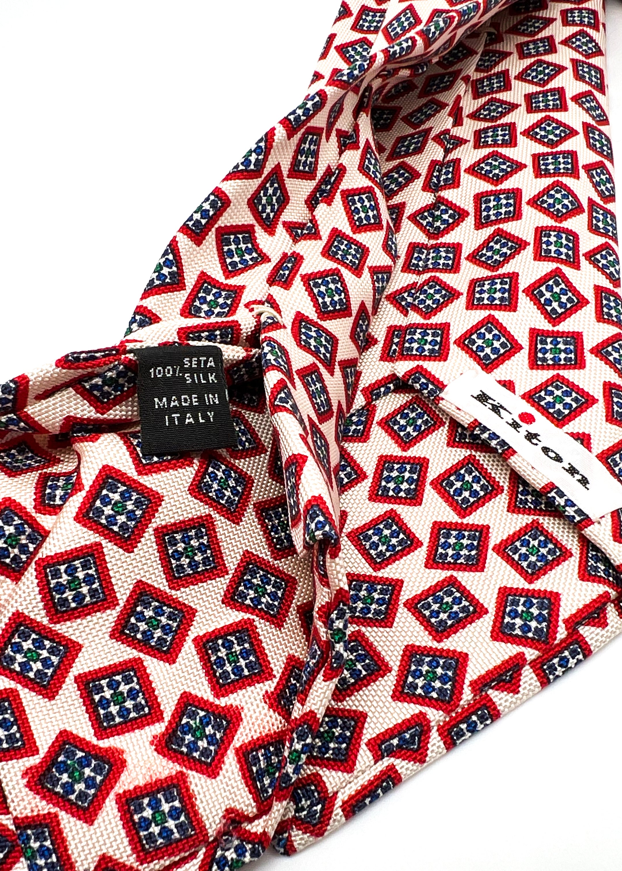 $285 KITON - NAPOLI *PURE SILK* Ivory & Red Printed Silk 3.5" - Tie
