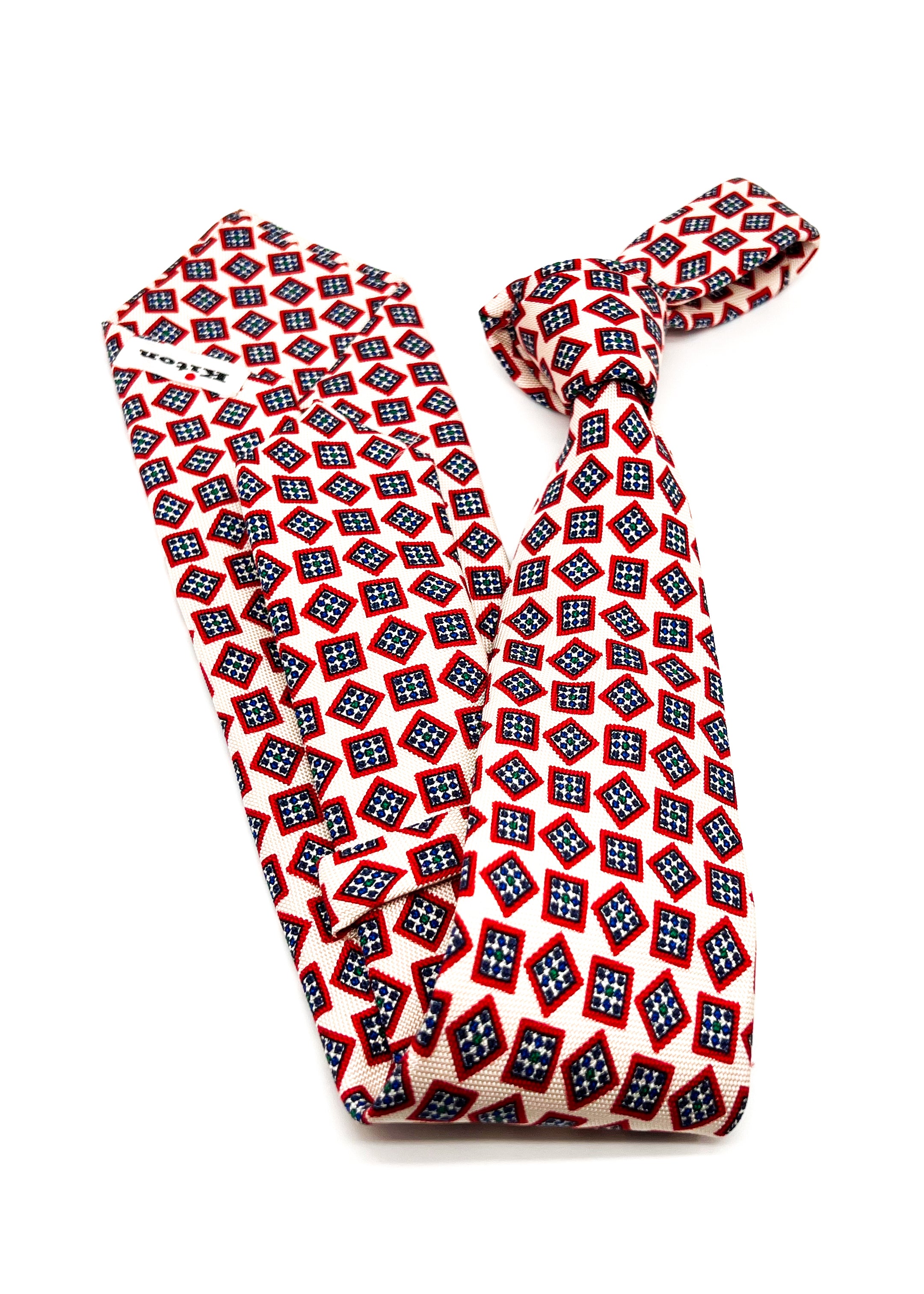 $285 KITON - NAPOLI *PURE SILK* Ivory & Red Printed Silk 3.5" - Tie