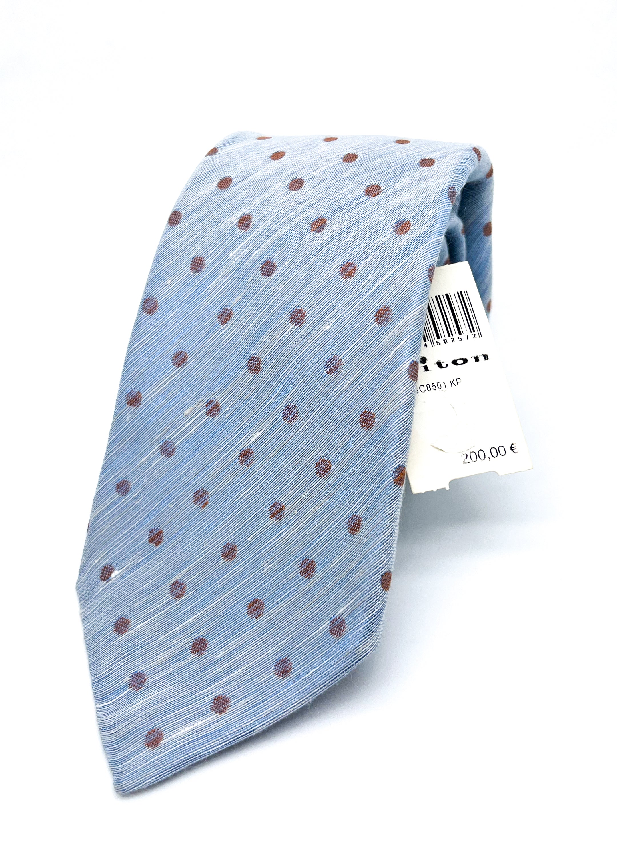 $285 KITON - NAPOLI *LINEN / SILK* Blue & Brown Polka Dot 3.25" - Tie
