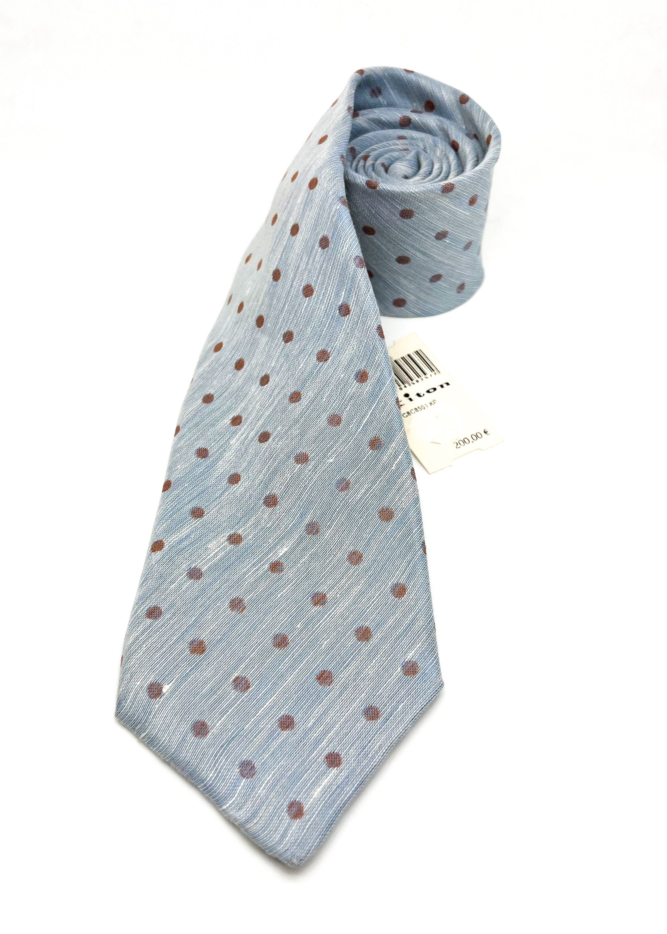 $285 KITON - NAPOLI *LINEN / SILK* Blue & Brown Polka Dot 3.25" - Tie