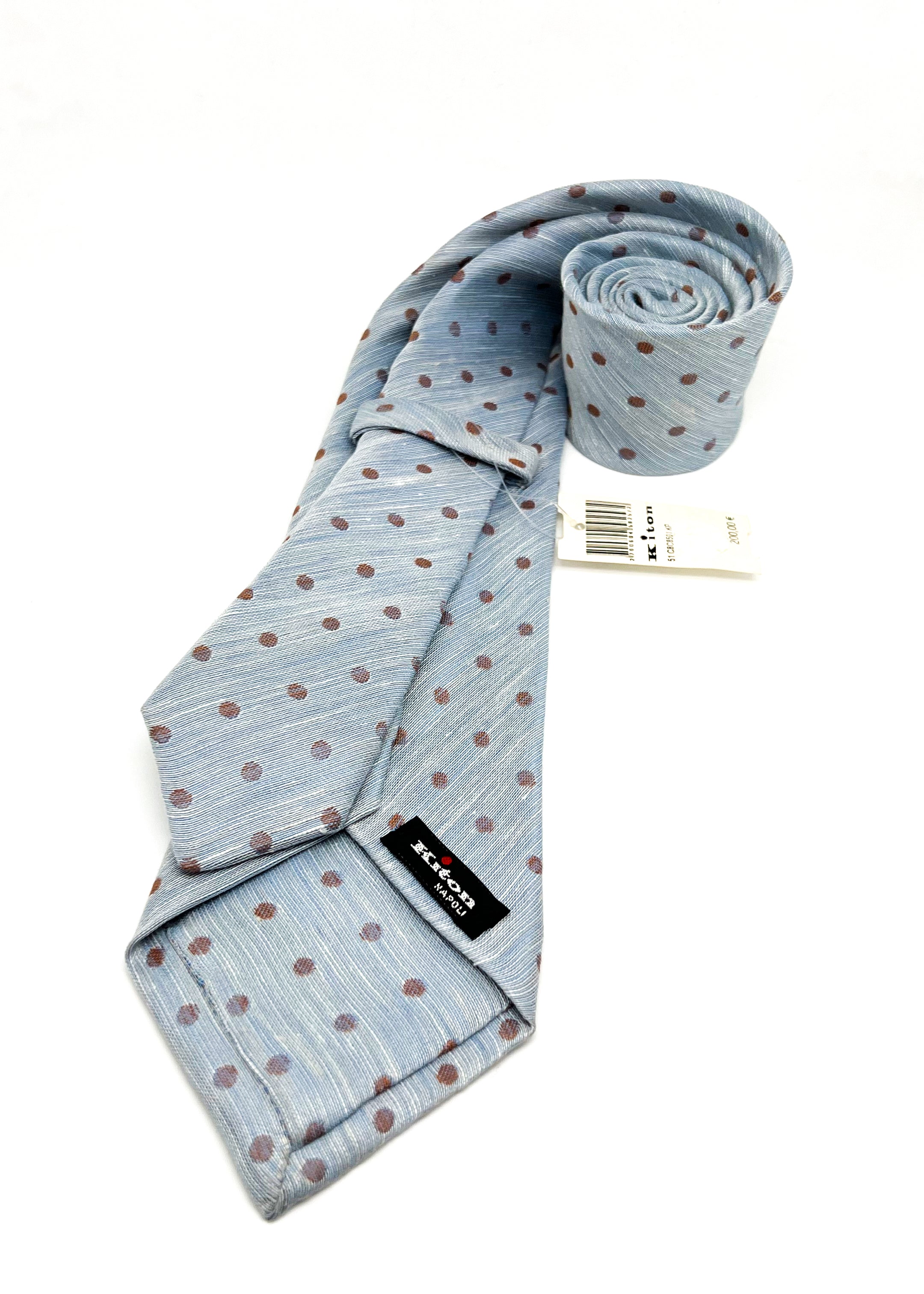 $285 KITON - NAPOLI *LINEN / SILK* Blue & Brown Polka Dot 3.25" - Tie
