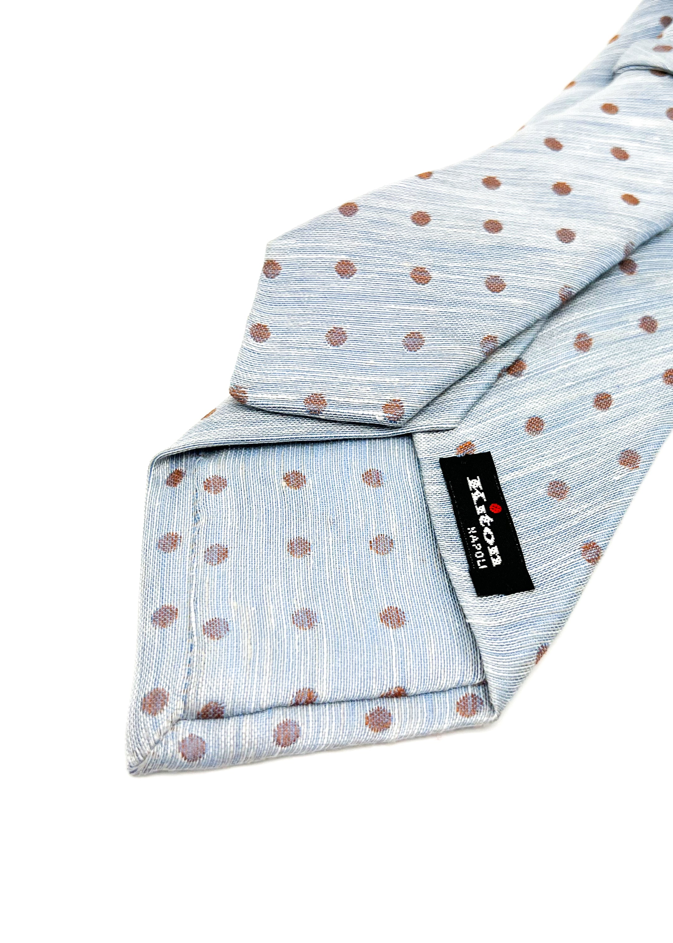 $285 KITON - NAPOLI *LINEN / SILK* Blue & Brown Polka Dot 3.25" - Tie