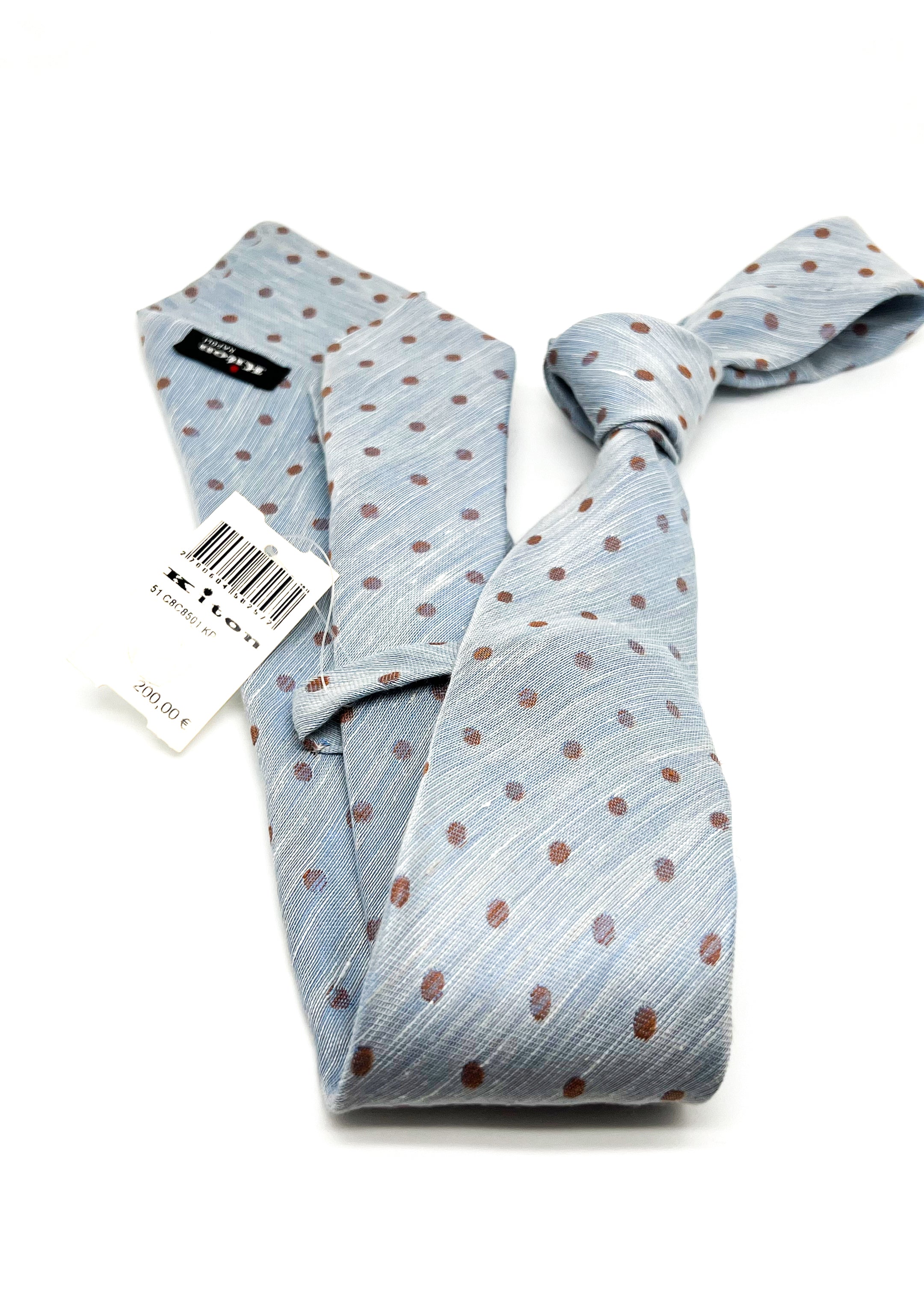 $285 KITON - NAPOLI *LINEN / SILK* Blue & Brown Polka Dot 3.25" - Tie