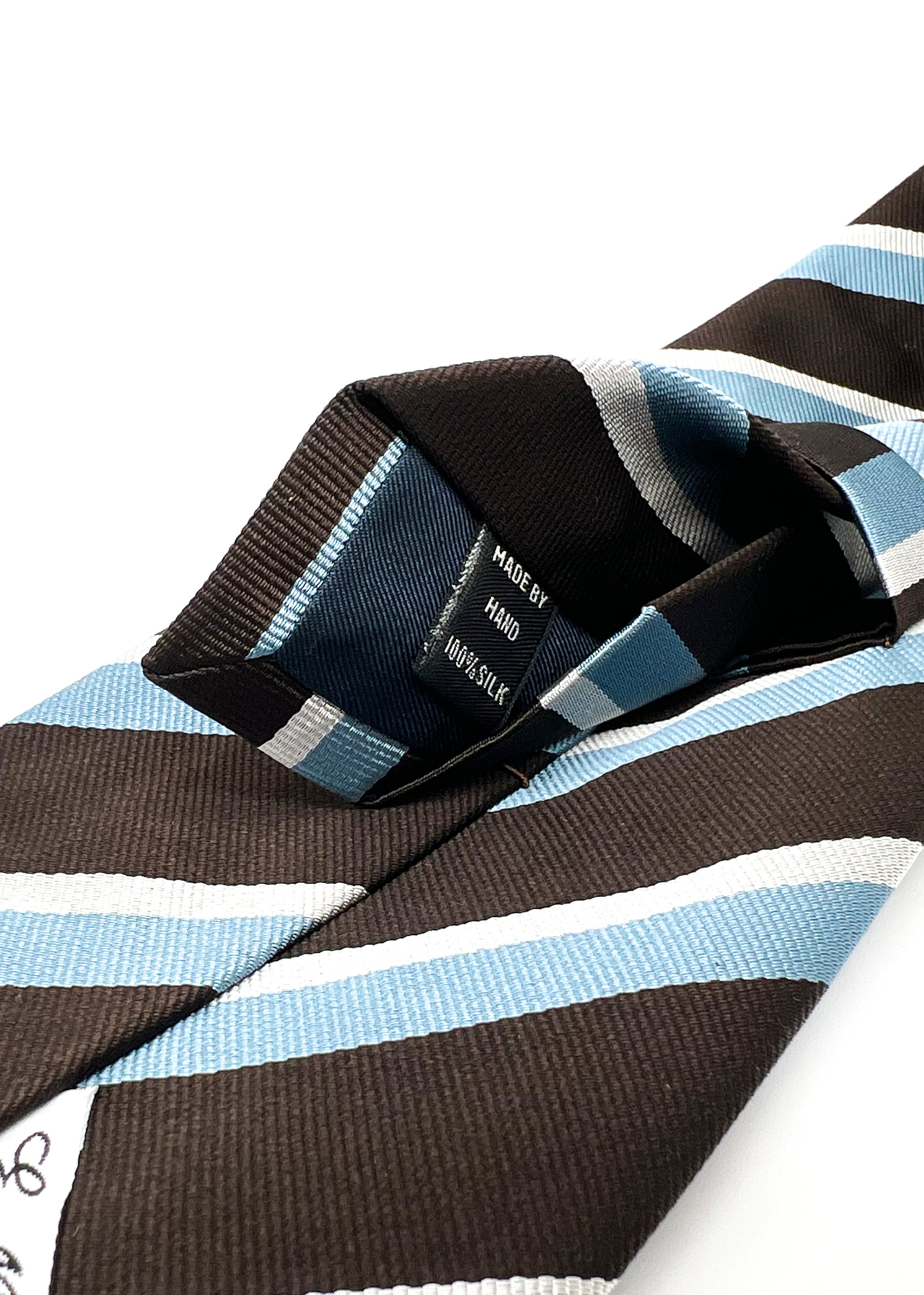 $230 E. MARINELLA - NAPOLI *Hand Made* Brown & Light Blue Stripe SILK 3.5" - Tie