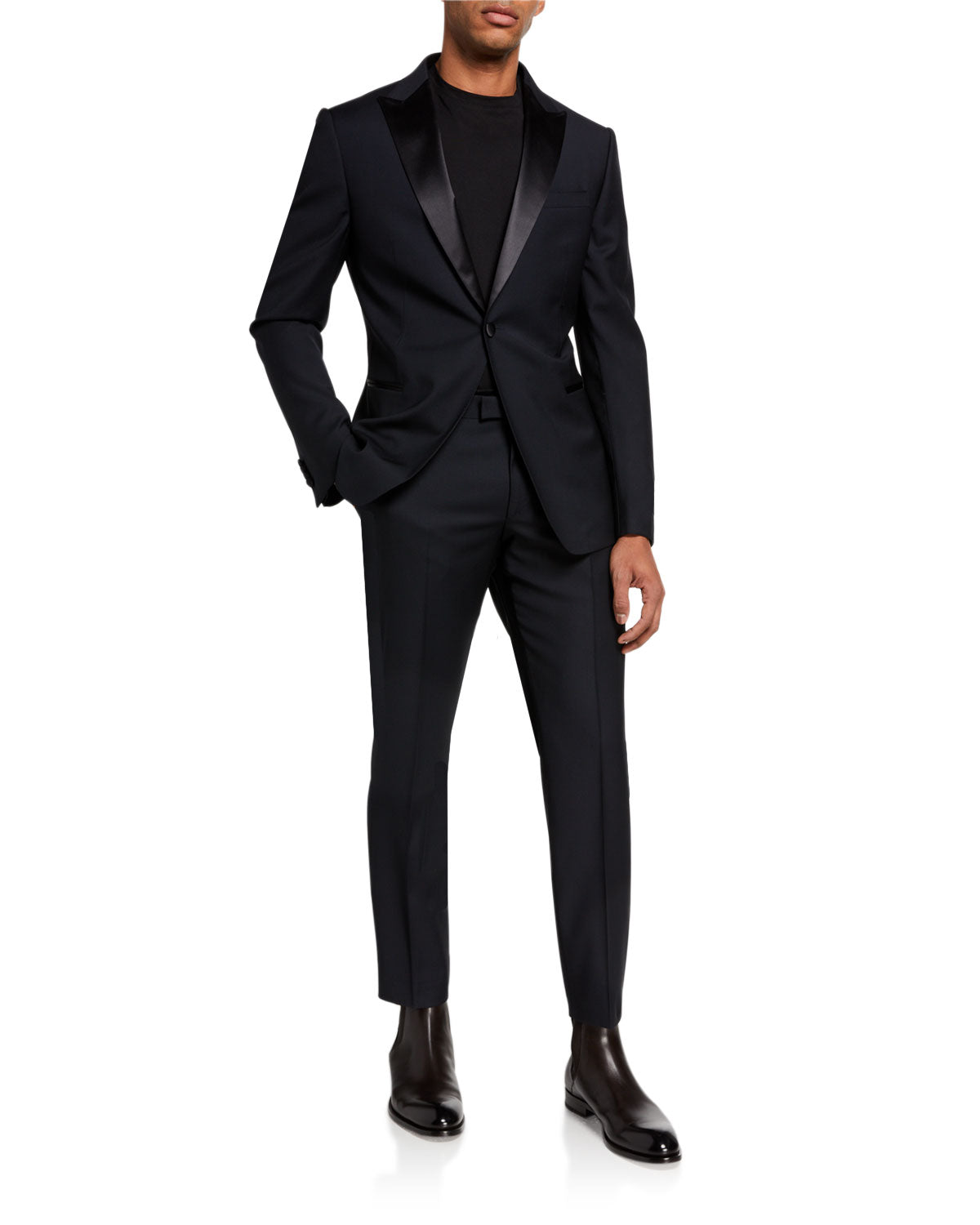 Z ZEGNA - Midnight Blue Silk Peak Lapel Drop 8 Wool Tuxedo Suit - 44R