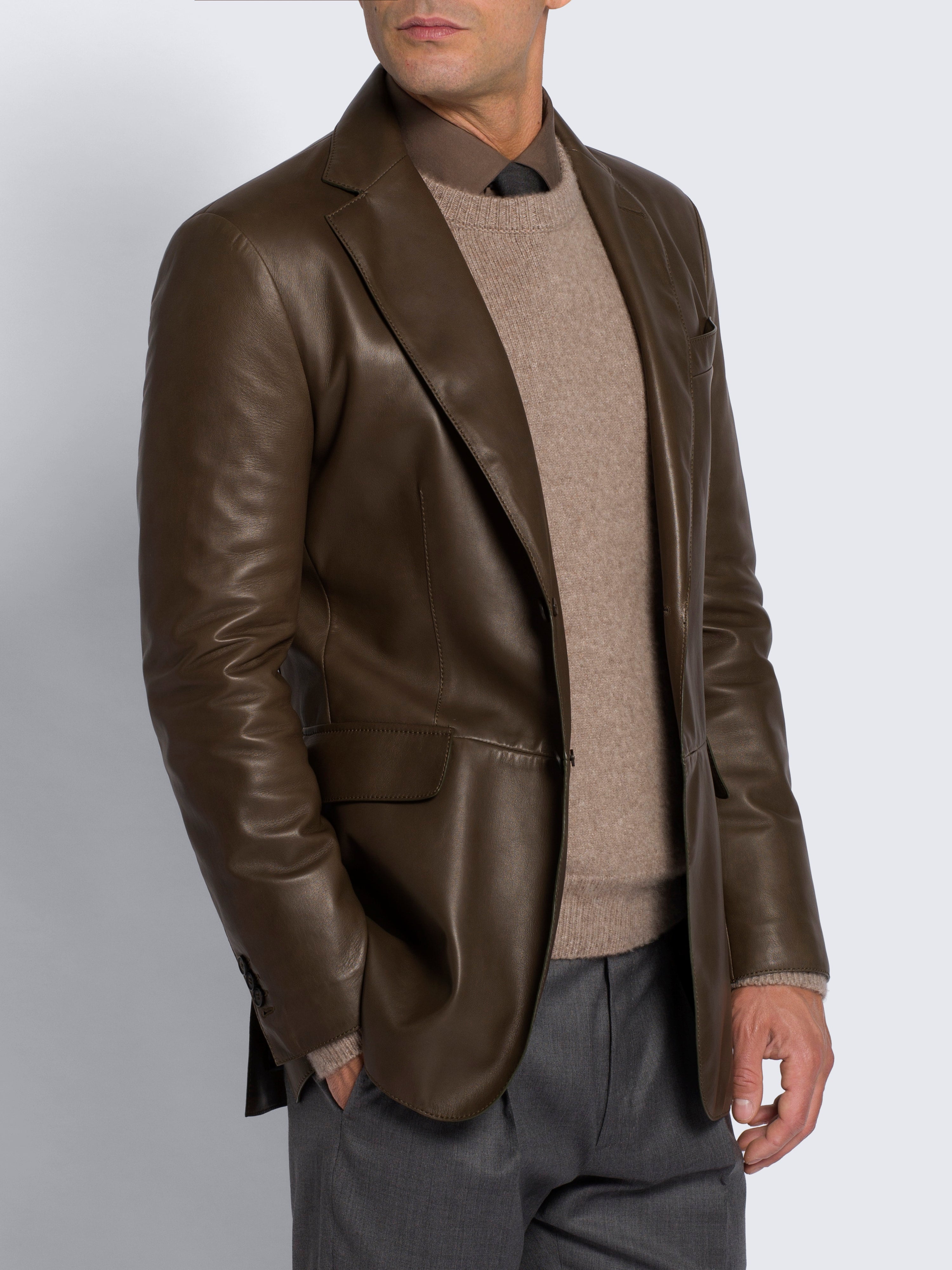 $7,200 BRIONI - *PREMIUM GRADE* Brown LEATHER Overcoat Blazer- 44R US