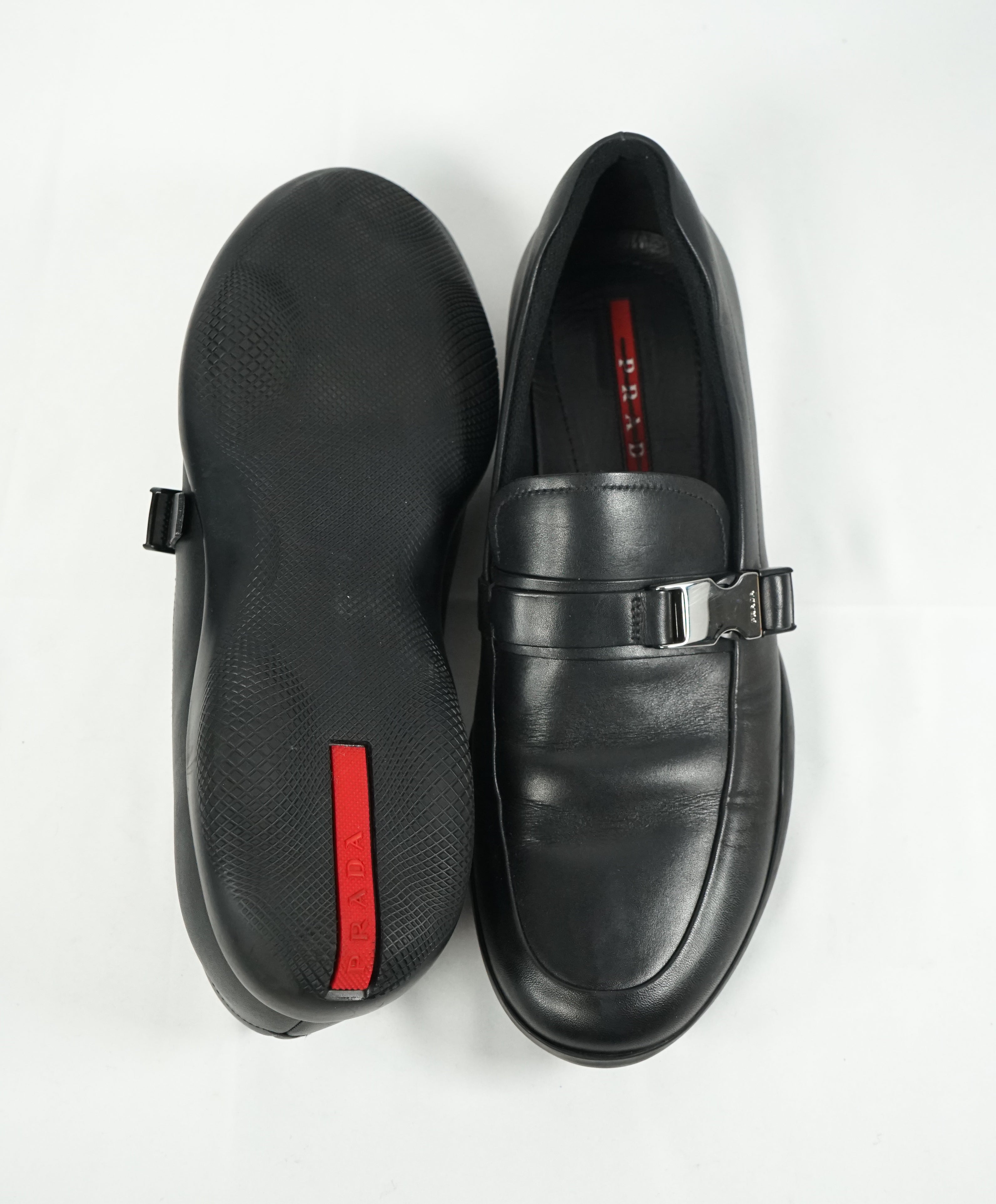 PRADA - Linea Rossa Engraved Logo Buckle Loafers - 9