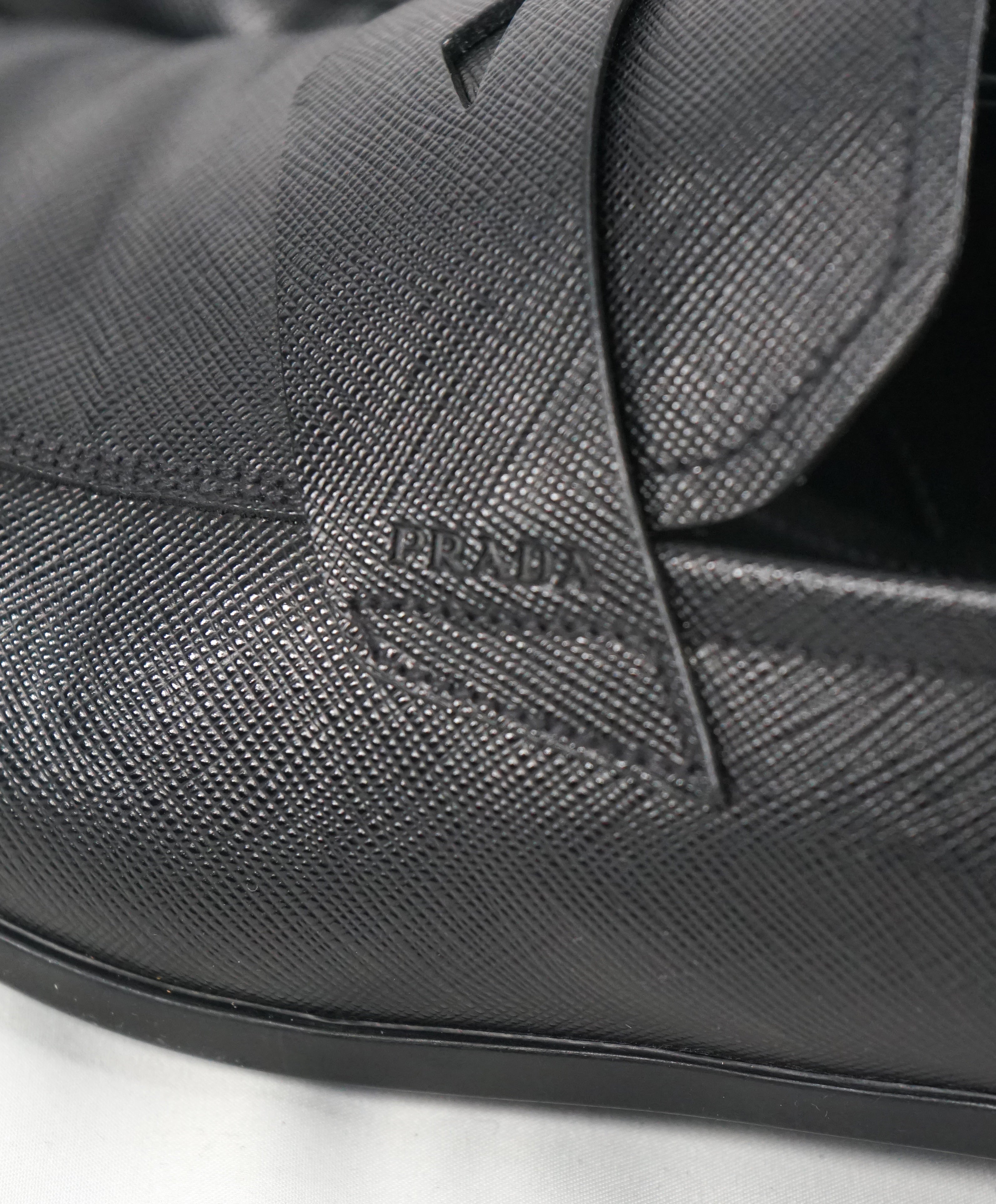 PRADA - Asymmetrical Saffiano Leather Logo Penny Loafers Black - 11US
