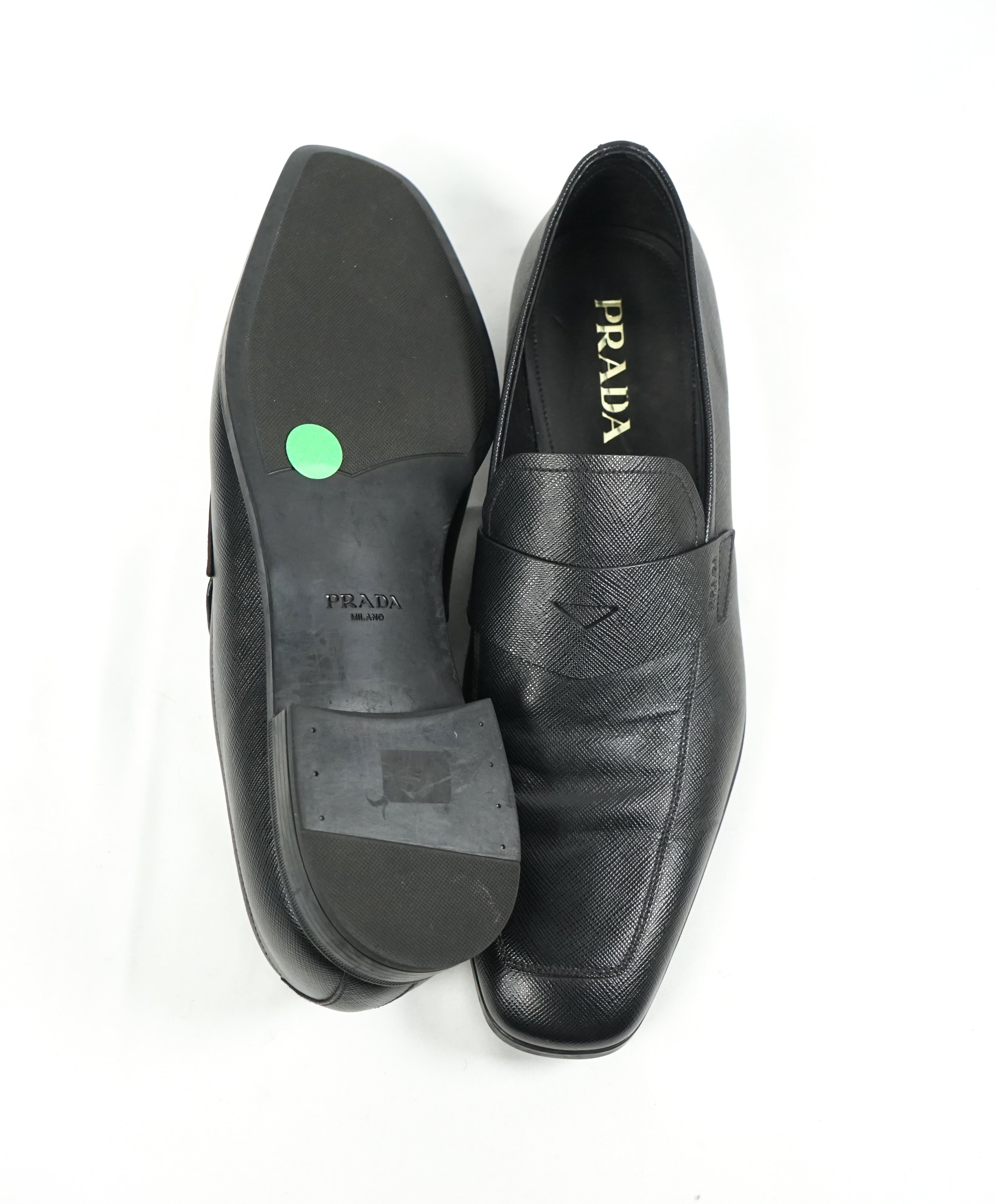 PRADA - Asymmetrical Saffiano Leather Logo Penny Loafers Black - 11US