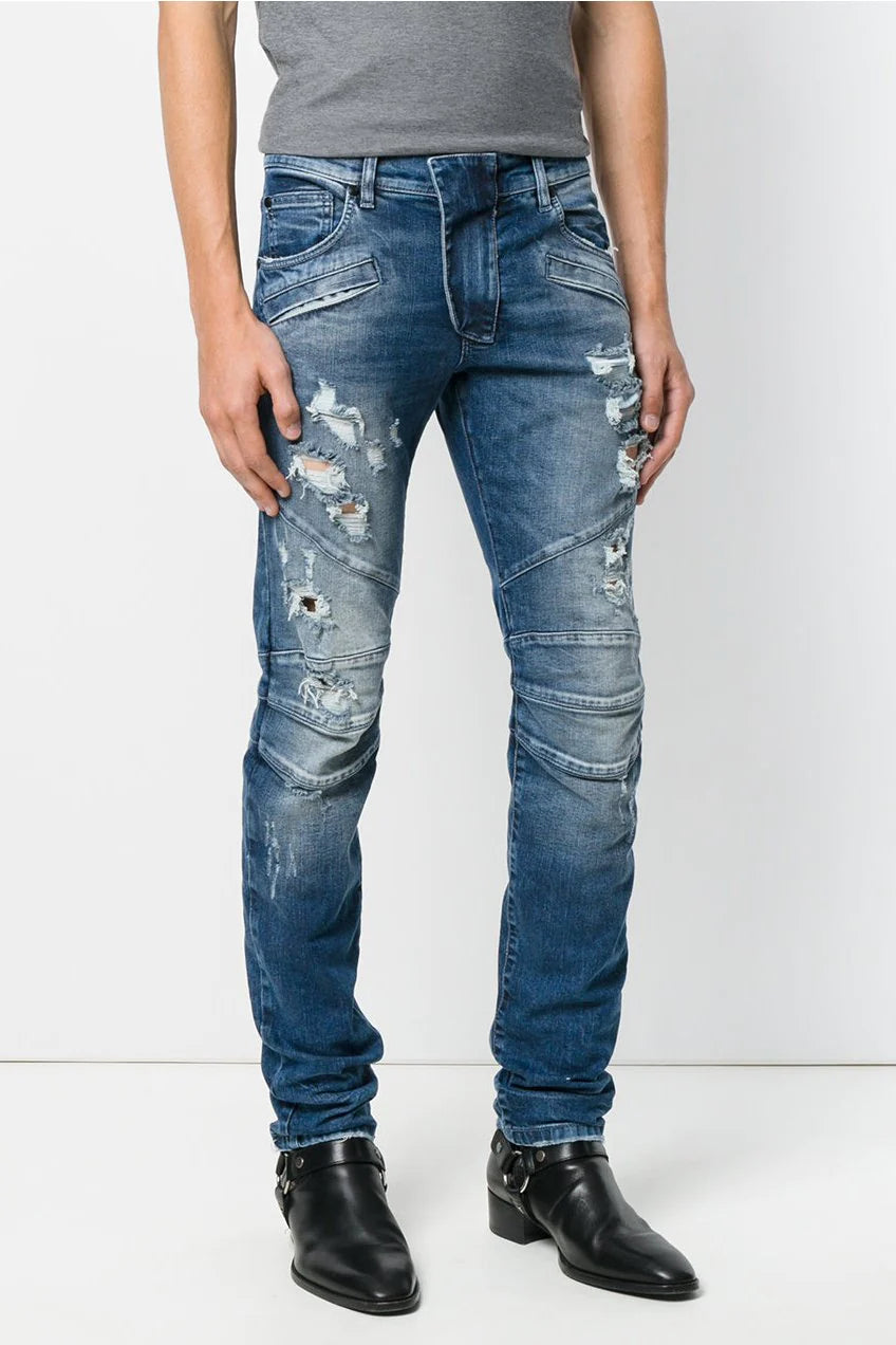 $820 PIERRE BALMAIN - Blue Distressed Biker Jeans *NWD* - 34W