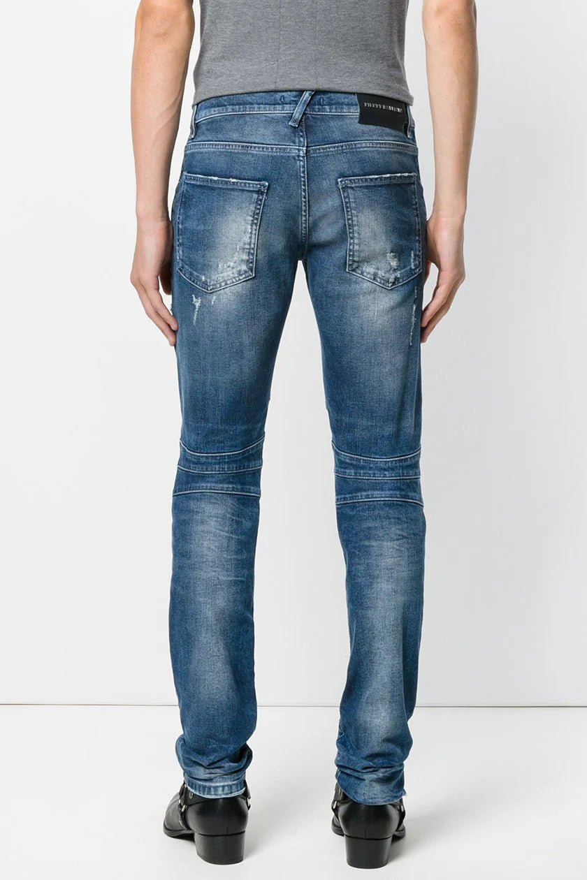$820 PIERRE BALMAIN - Blue Distressed Biker Jeans *NWD* - 34W