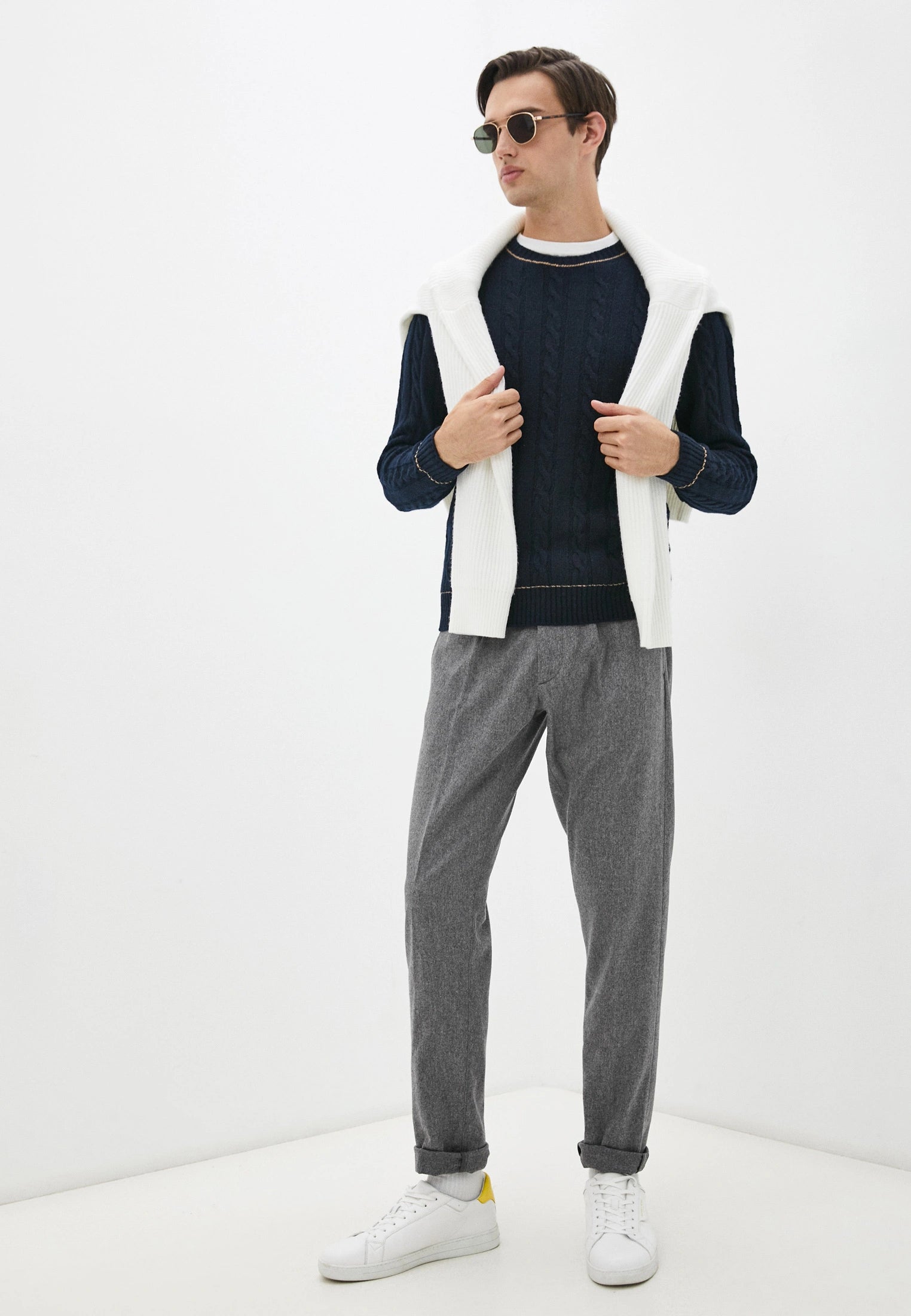 $645 ELEVENTY - CASHMERE / Wool Cable Knit Crewneck Blue Sweater - XL