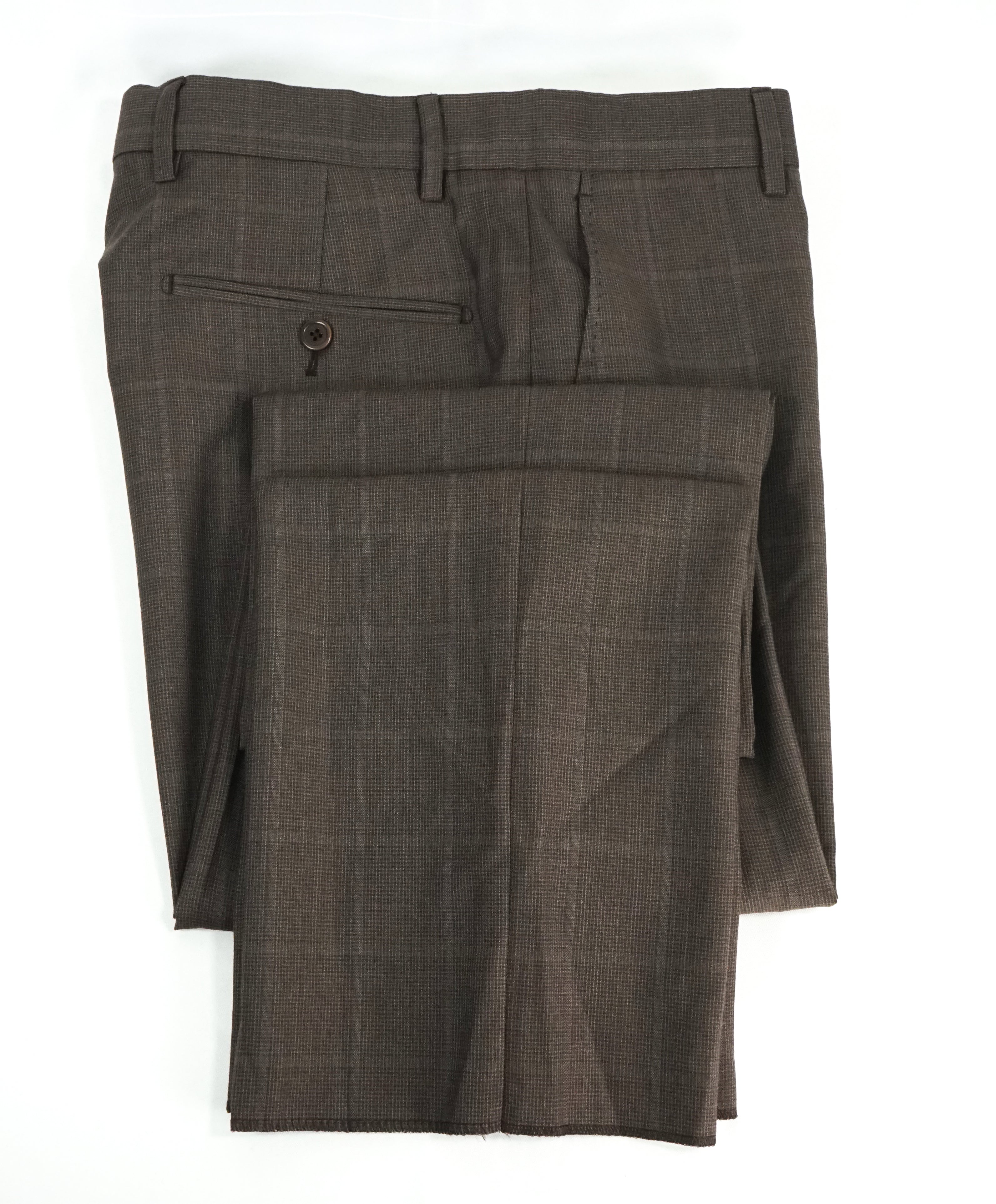 SAKS FIFTH AVE - Brown Wool & Silk MADE IN ITALY Plaid Flat Front Dress Pants - 32W