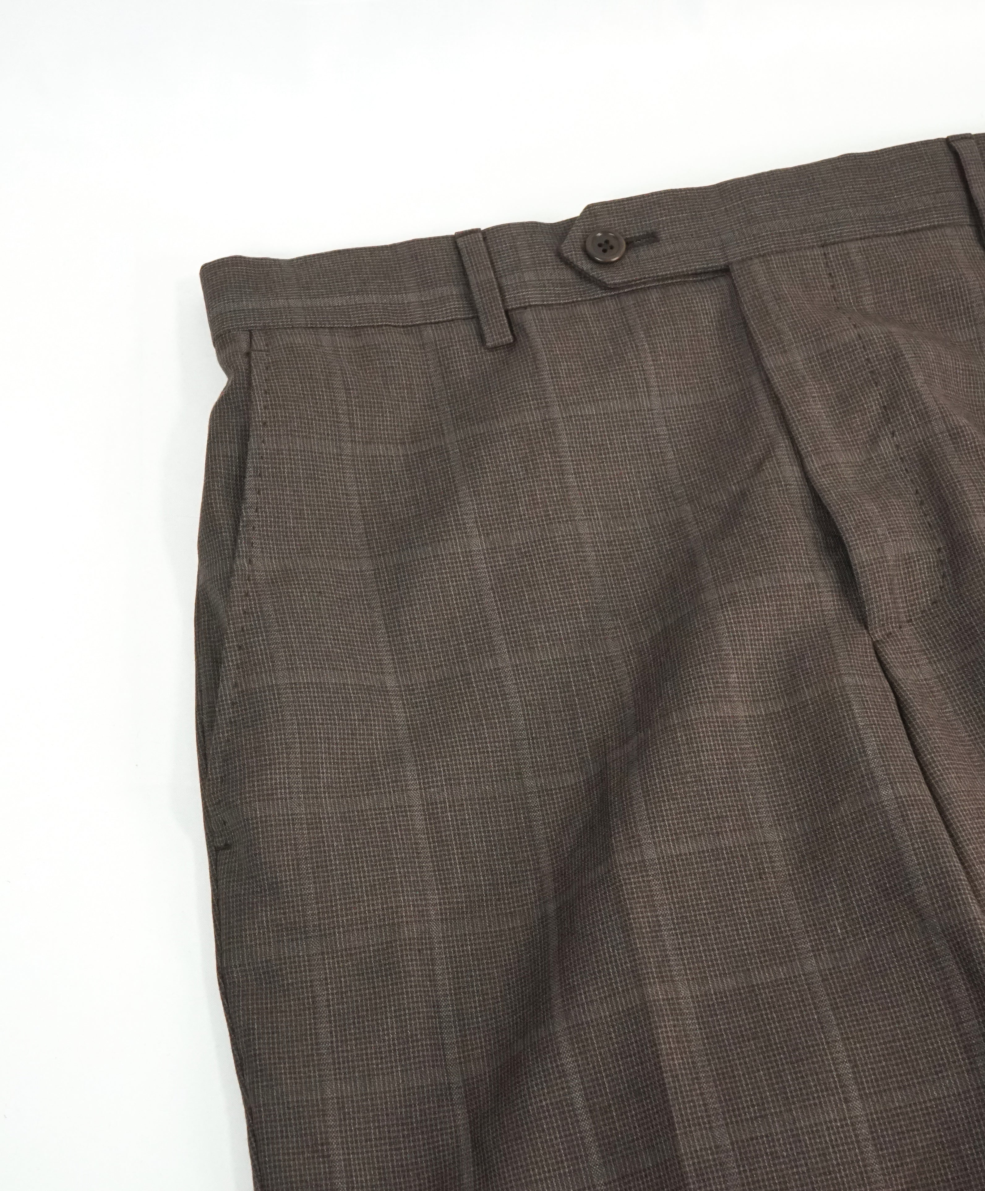 SAKS FIFTH AVE - Brown Wool & Silk MADE IN ITALY Plaid Flat Front Dress Pants - 32W