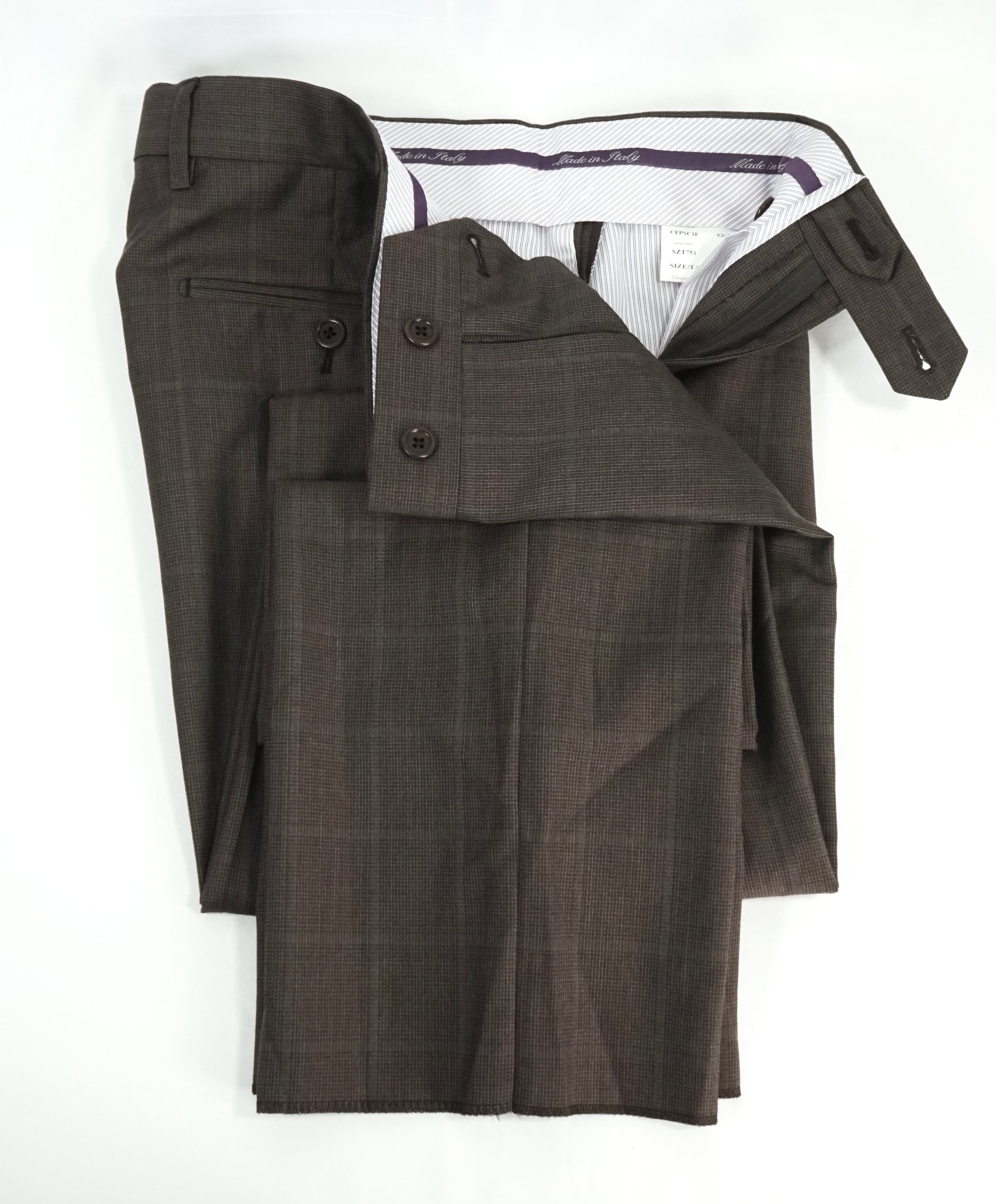 SAKS FIFTH AVE - Brown Wool & Silk MADE IN ITALY Plaid Flat Front Dress Pants - 32W