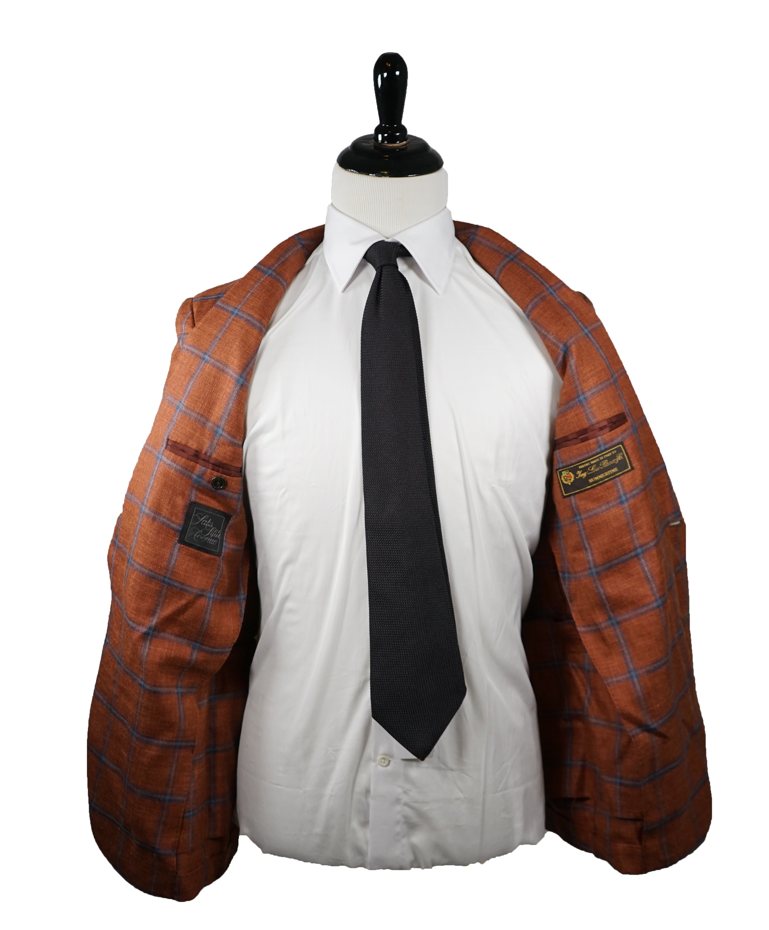 SAKS FIFTH AVENUE / LORO PIANA - “SummerTime” Fabric Slim Orange/Blue Plaid Blazer- 40R