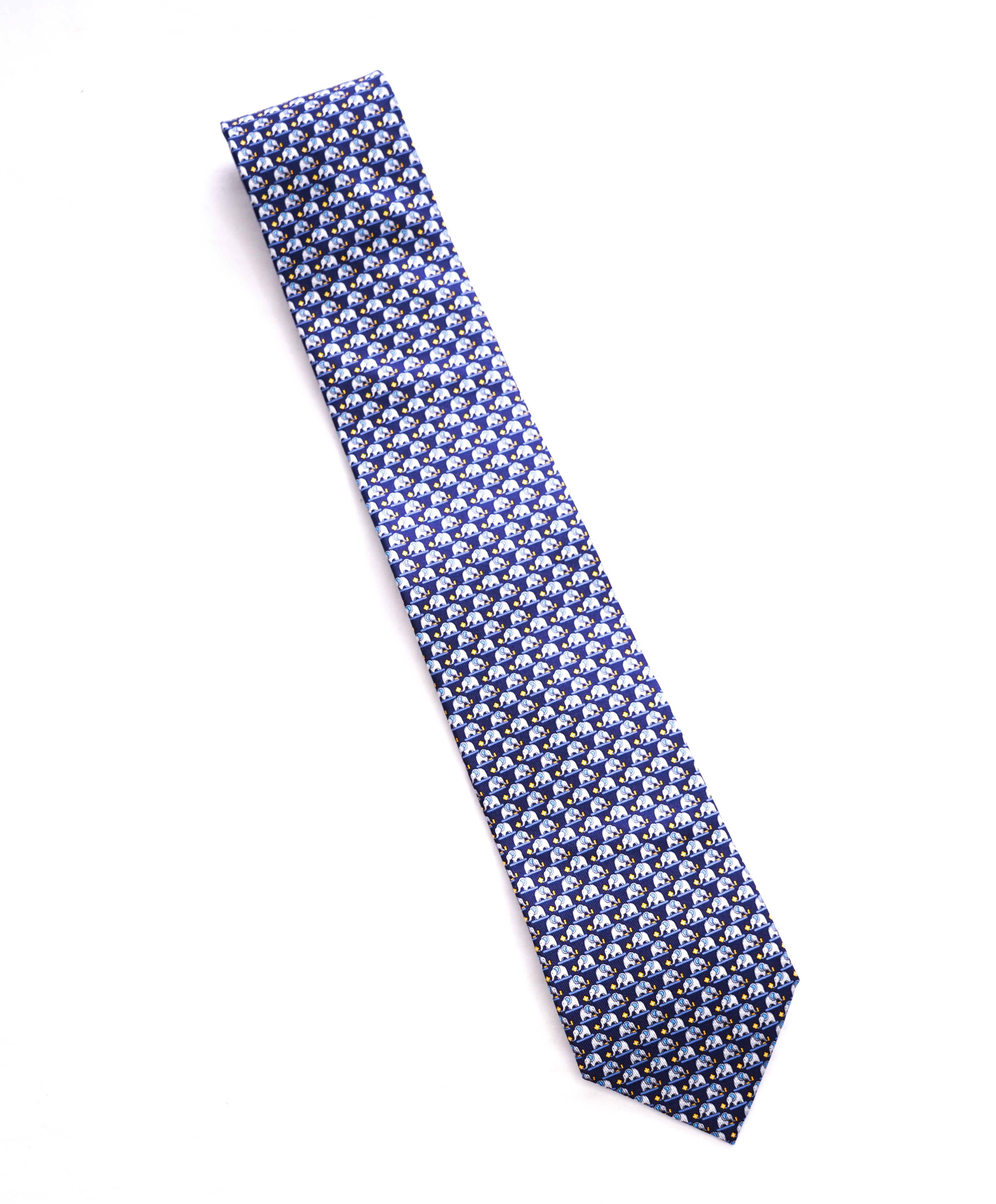 SALVATORE FERRAGAMO - Navy & Yellow Elephant Print Tie -