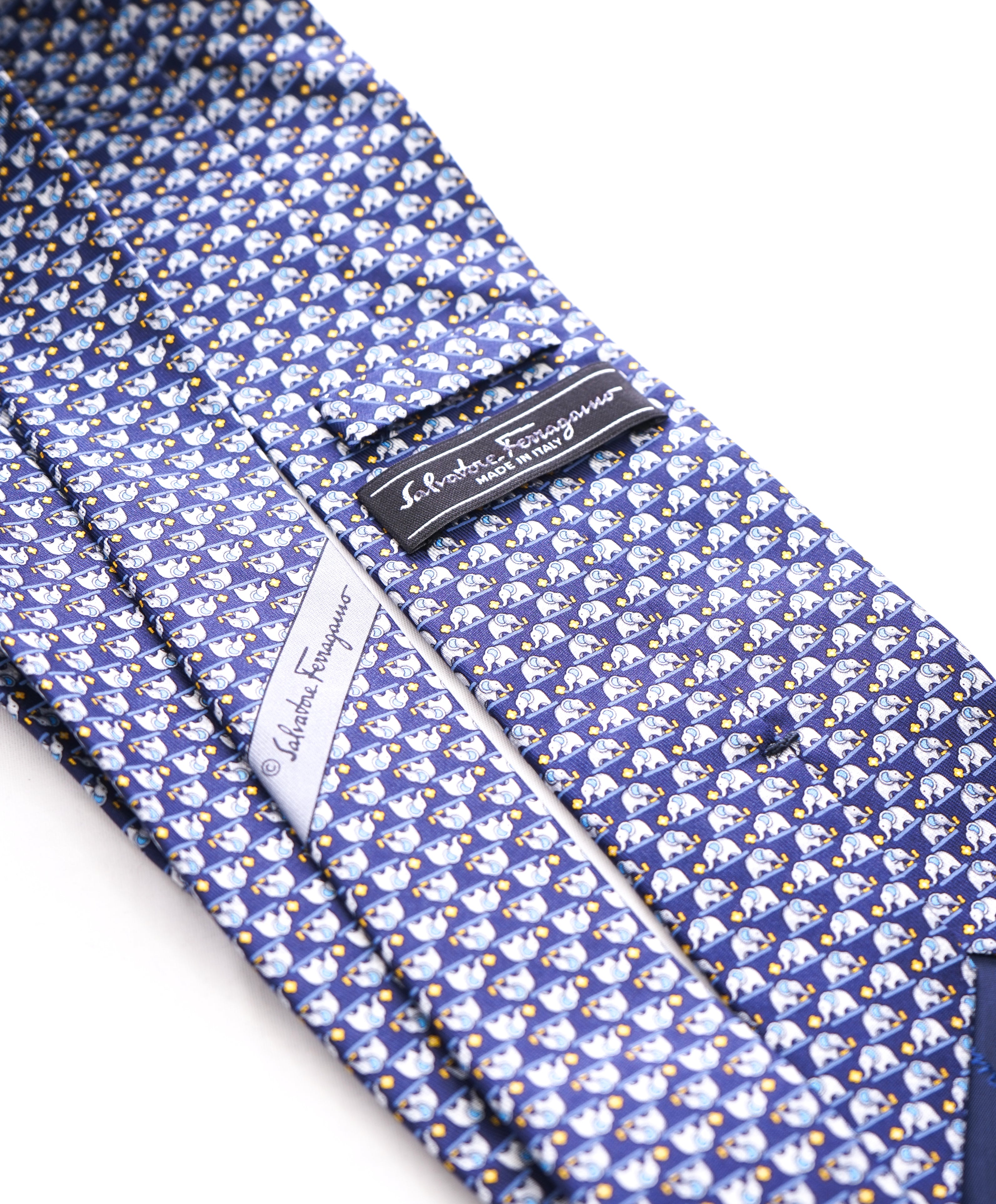 SALVATORE FERRAGAMO - Navy & Yellow Elephant Print Tie -