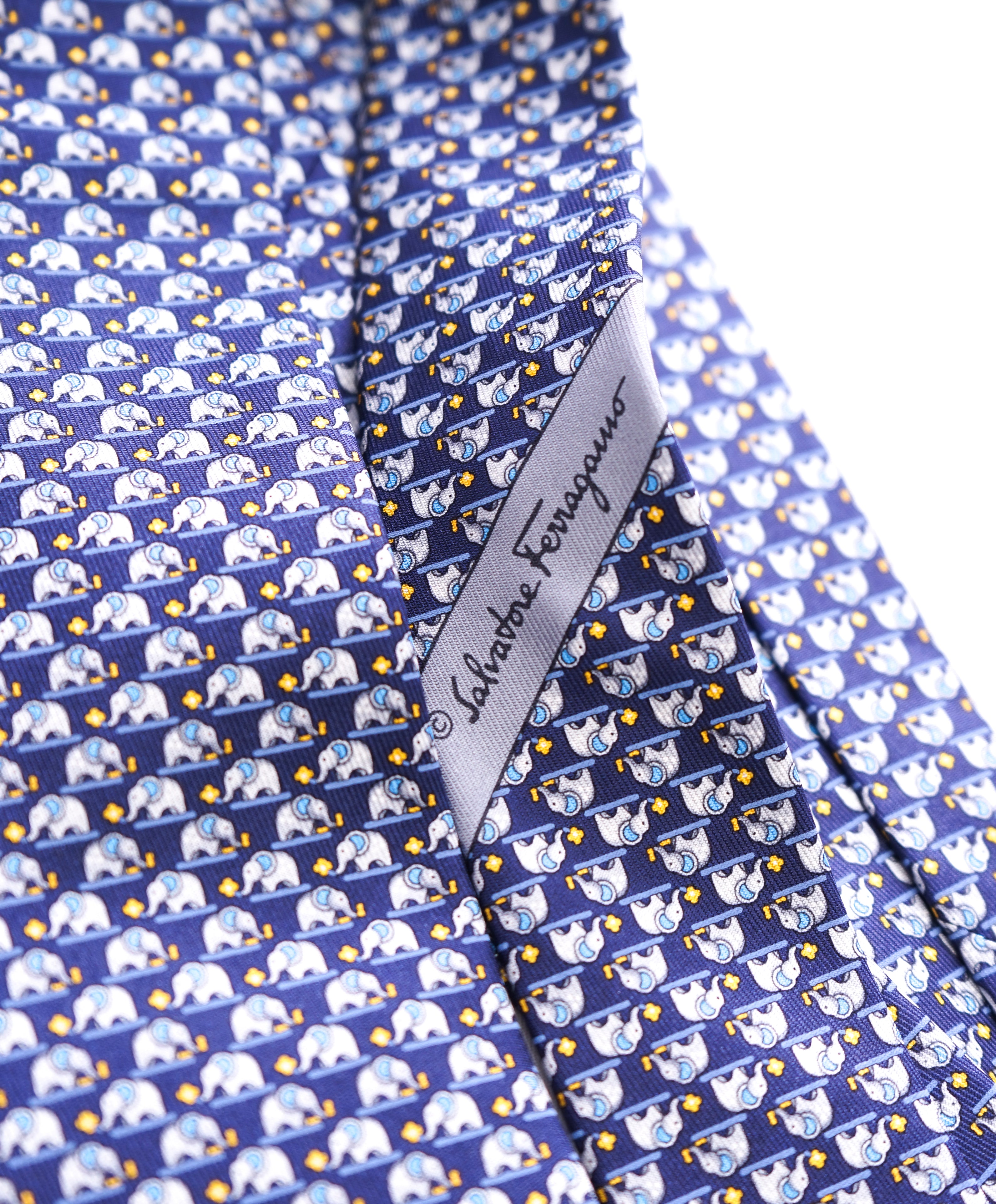 SALVATORE FERRAGAMO - Navy & Yellow Elephant Print Tie -