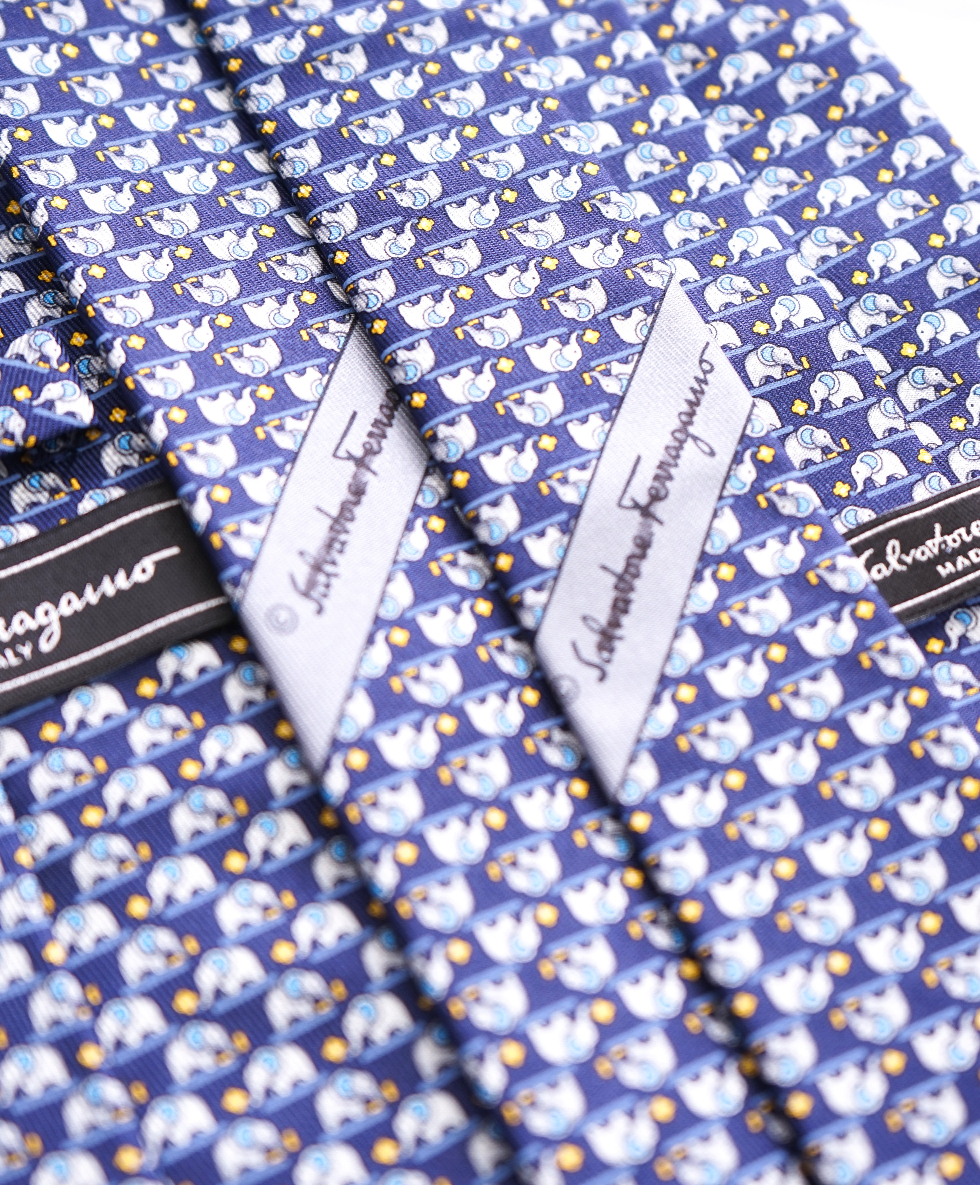 SALVATORE FERRAGAMO - *Father & Son Set* Navy/Yellow Elephant Tie -