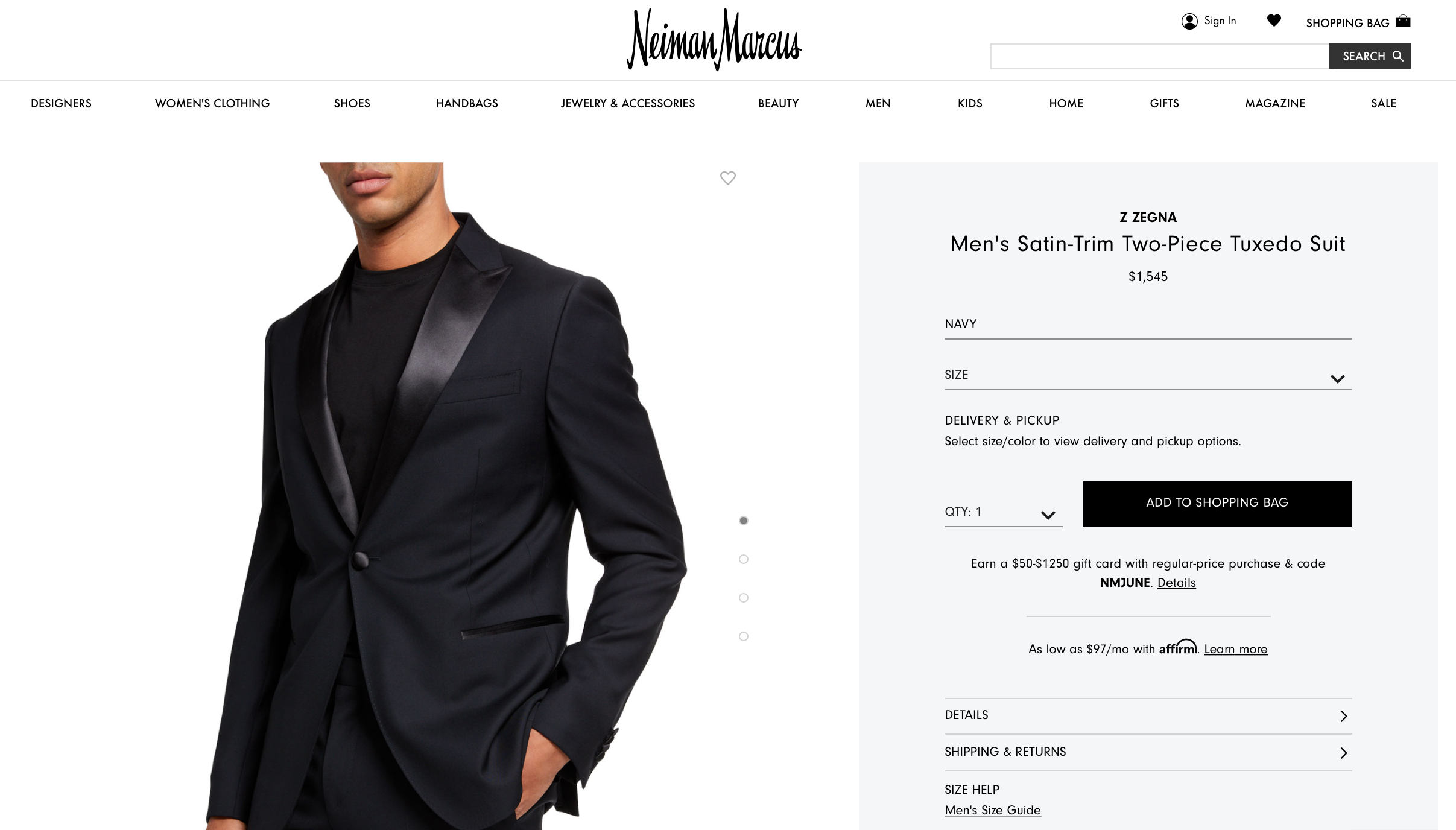 Z ZEGNA - Midnight Blue Silk Peak Lapel Drop 8 Wool Tuxedo Suit - 44R