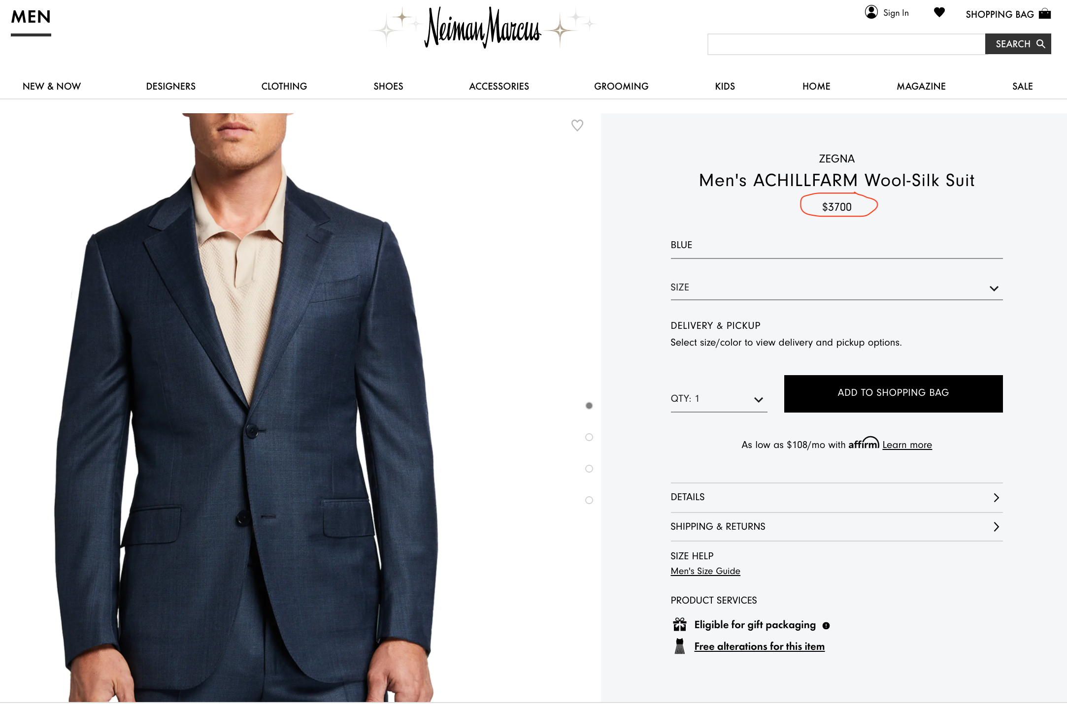 ERMENEGILDO ZEGNA -“ACHILLFARM" SILK Blend BLUE/GREEN Solid Suit - 44L