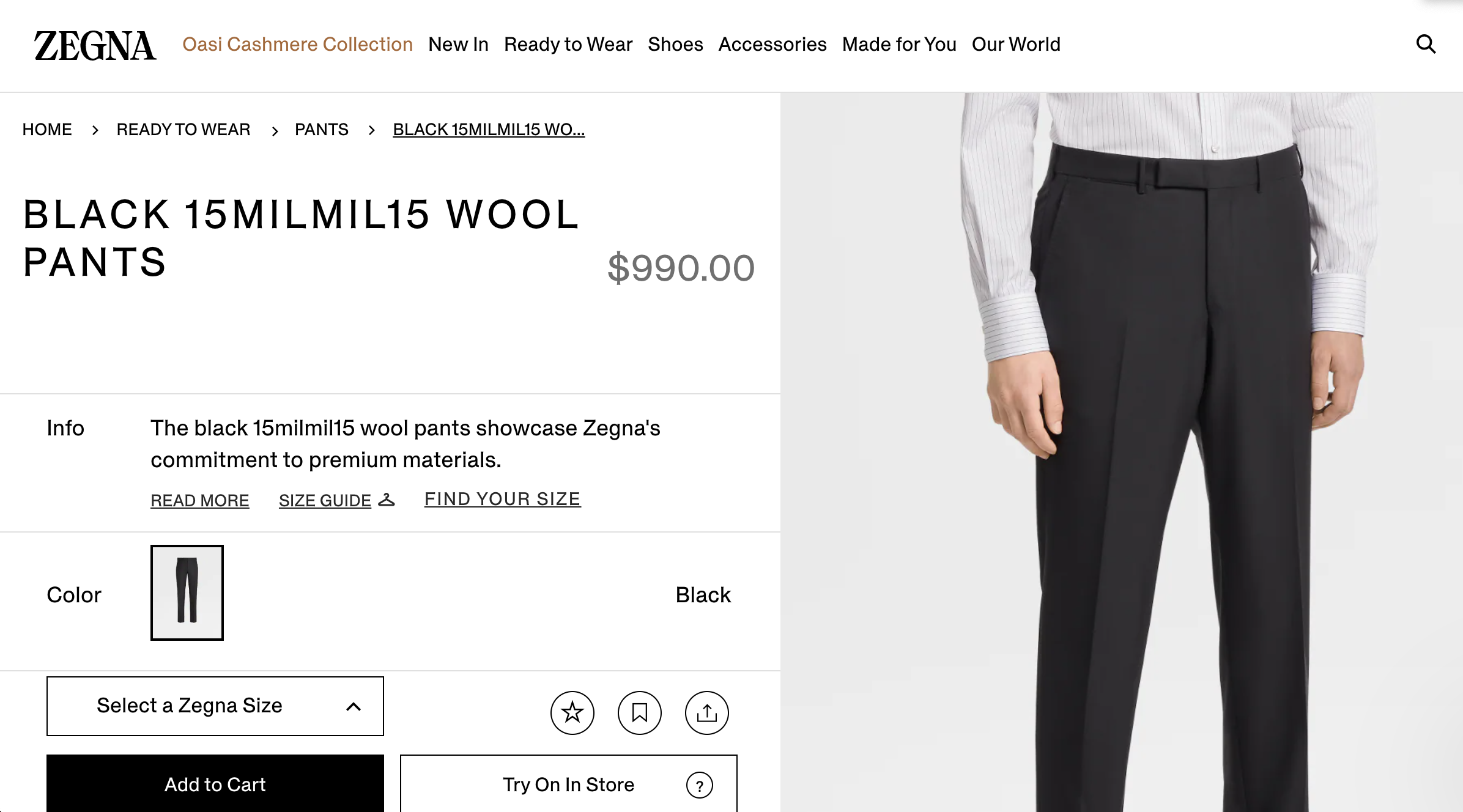 ERMENEGILDO ZEGNA - "15 MILMIL 15" Black Premium Dress Pants - 34W (50EU)