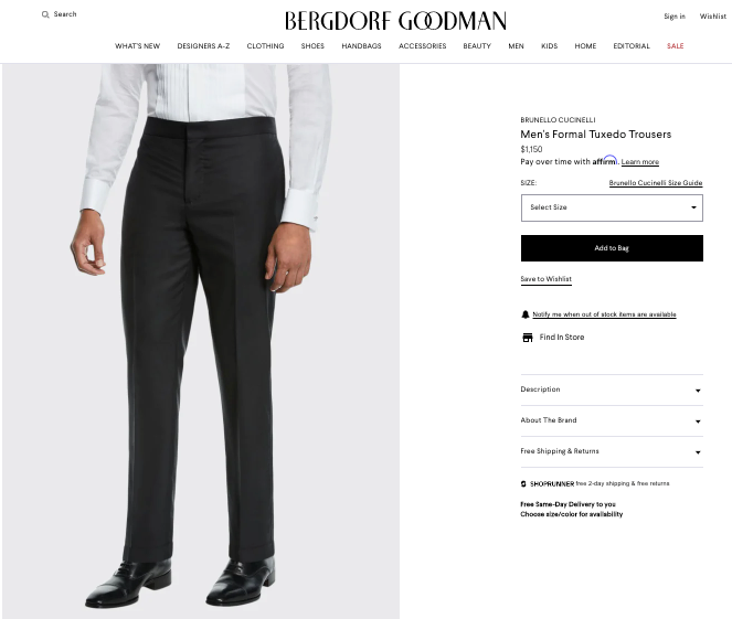 BRUNELLO CUCINELLI - WOOL *CLOSET STAPLE* Black Tuxedo Dress Pants - 40W