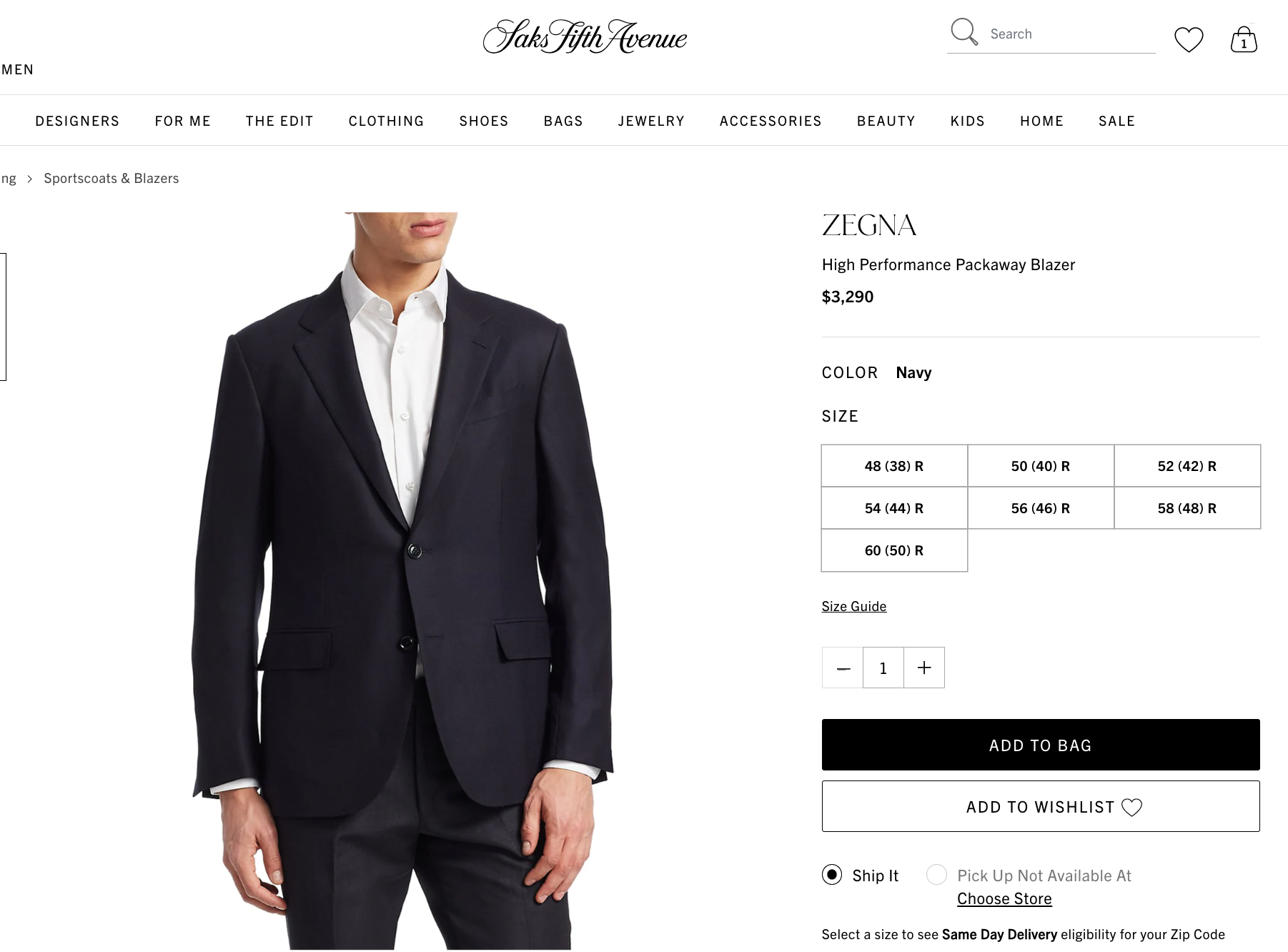 $3,290 ERMENEGILDO ZEGNA-“HIGH PERFORMANCE PACKAWAY” Navy Blazer- 42S