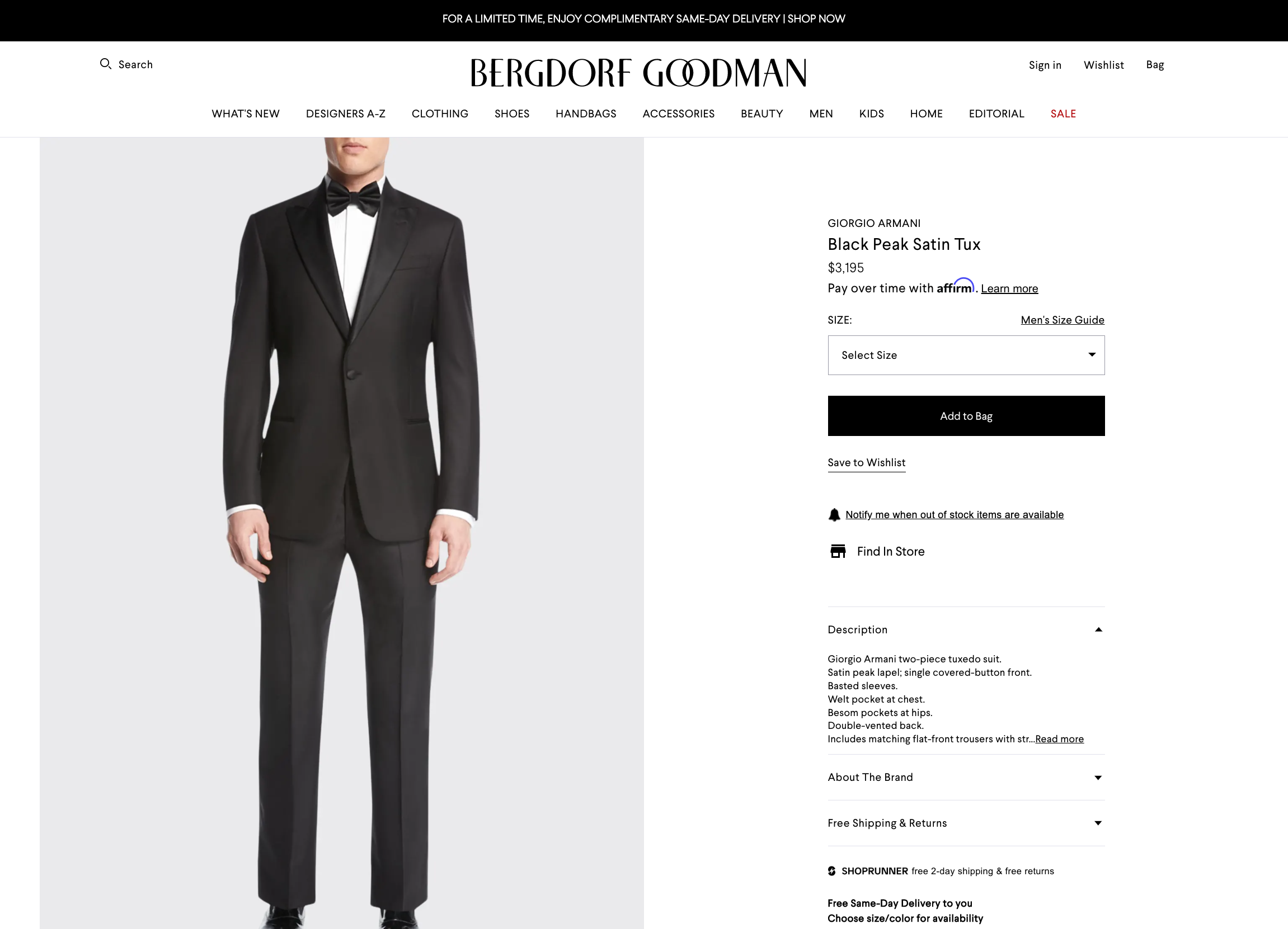 $3,995 GIORGIO ARMANI - "SOFT" Black SILK LINED 160's Peak Lapel Tuxedo - 38S