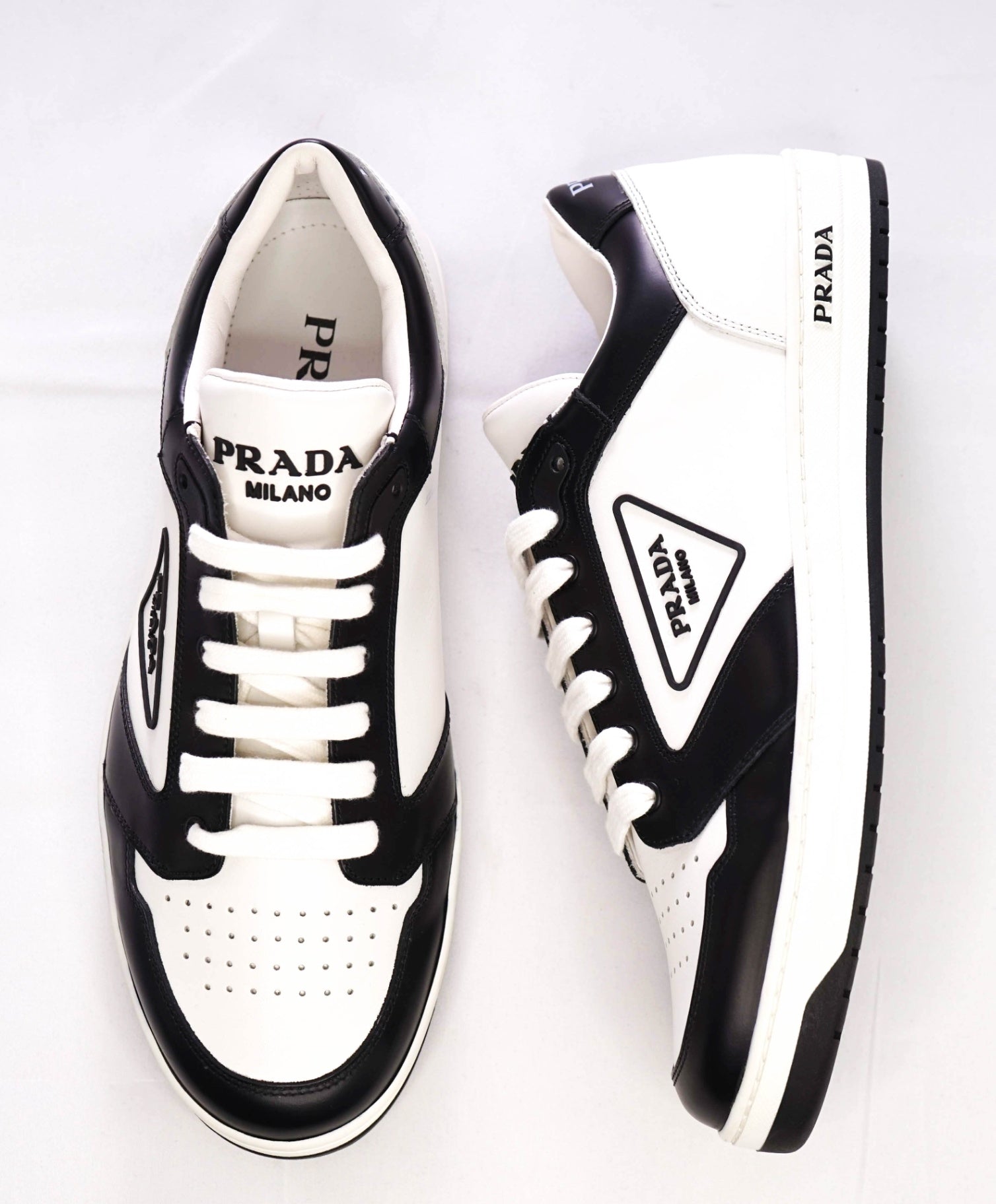 Prada *DOWNTOWN* White/Black Leather Sneaker Footwear 9US (8IT)