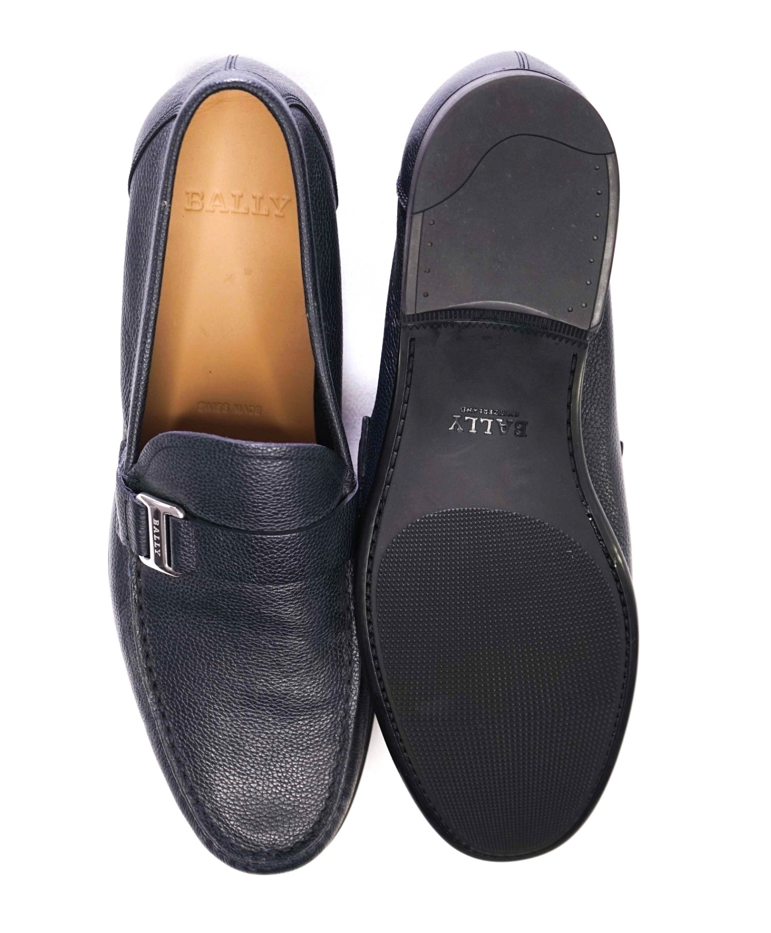 $750 Bally Navy Pebbled Leather Loafers 11 D US