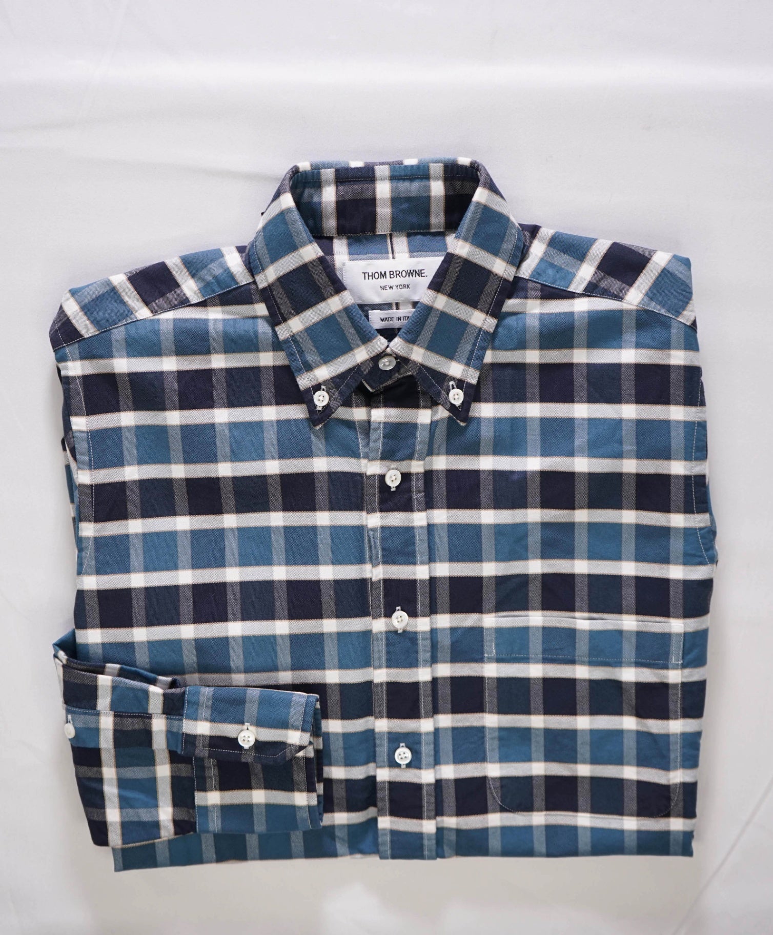 $535 Thom Browne Blue Plaid Cotton Shirt W LOGO TAB - M (Sz 2)