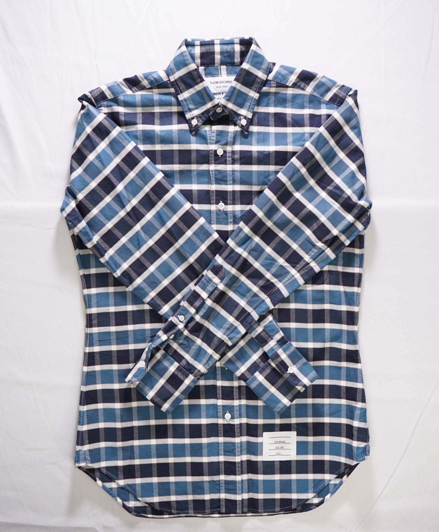 $535 Thom Browne Blue Plaid Cotton Shirt W LOGO TAB - M (Sz 2)