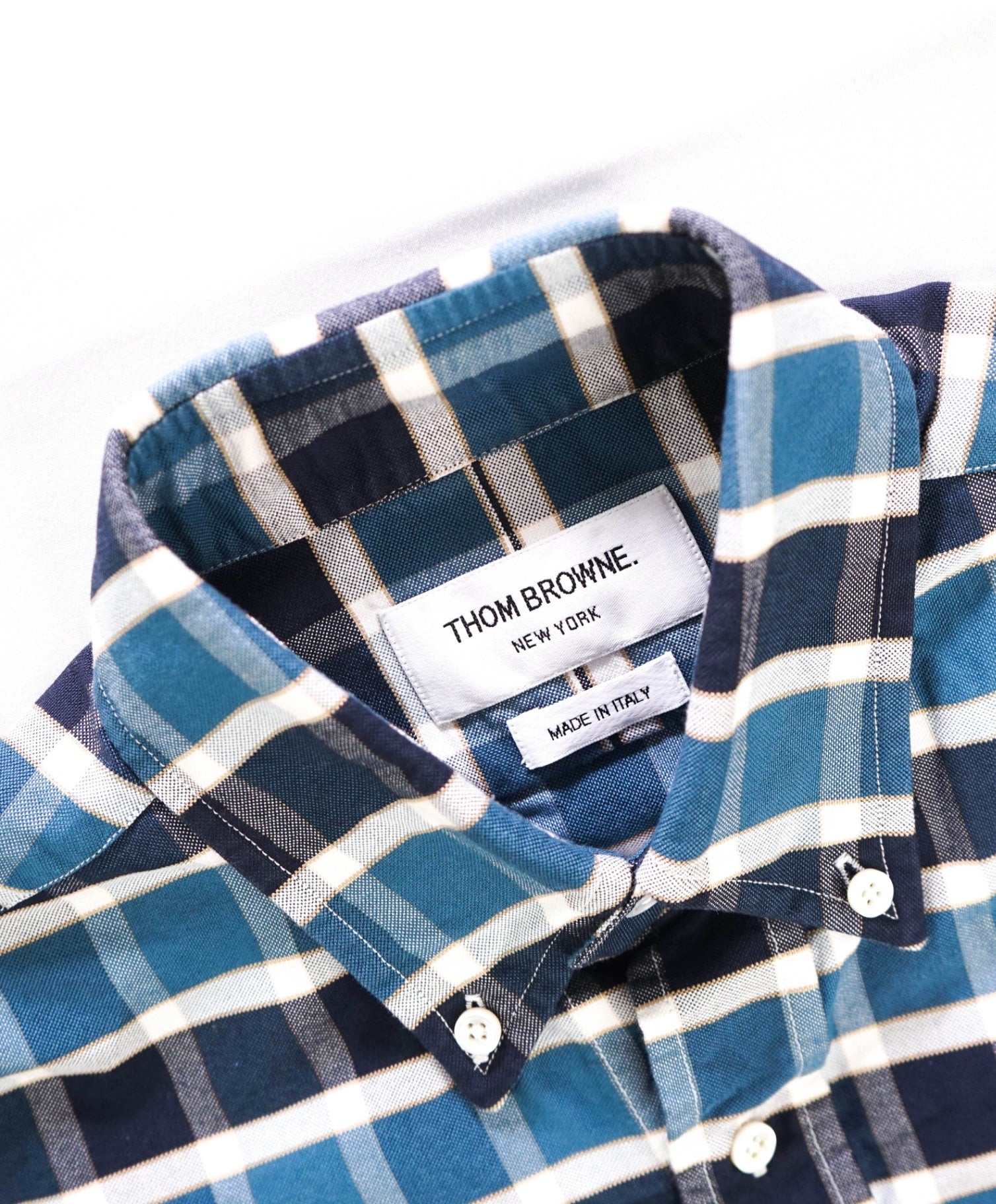 $535 Thom Browne Blue Plaid Cotton Shirt W LOGO TAB - M (Sz 2)