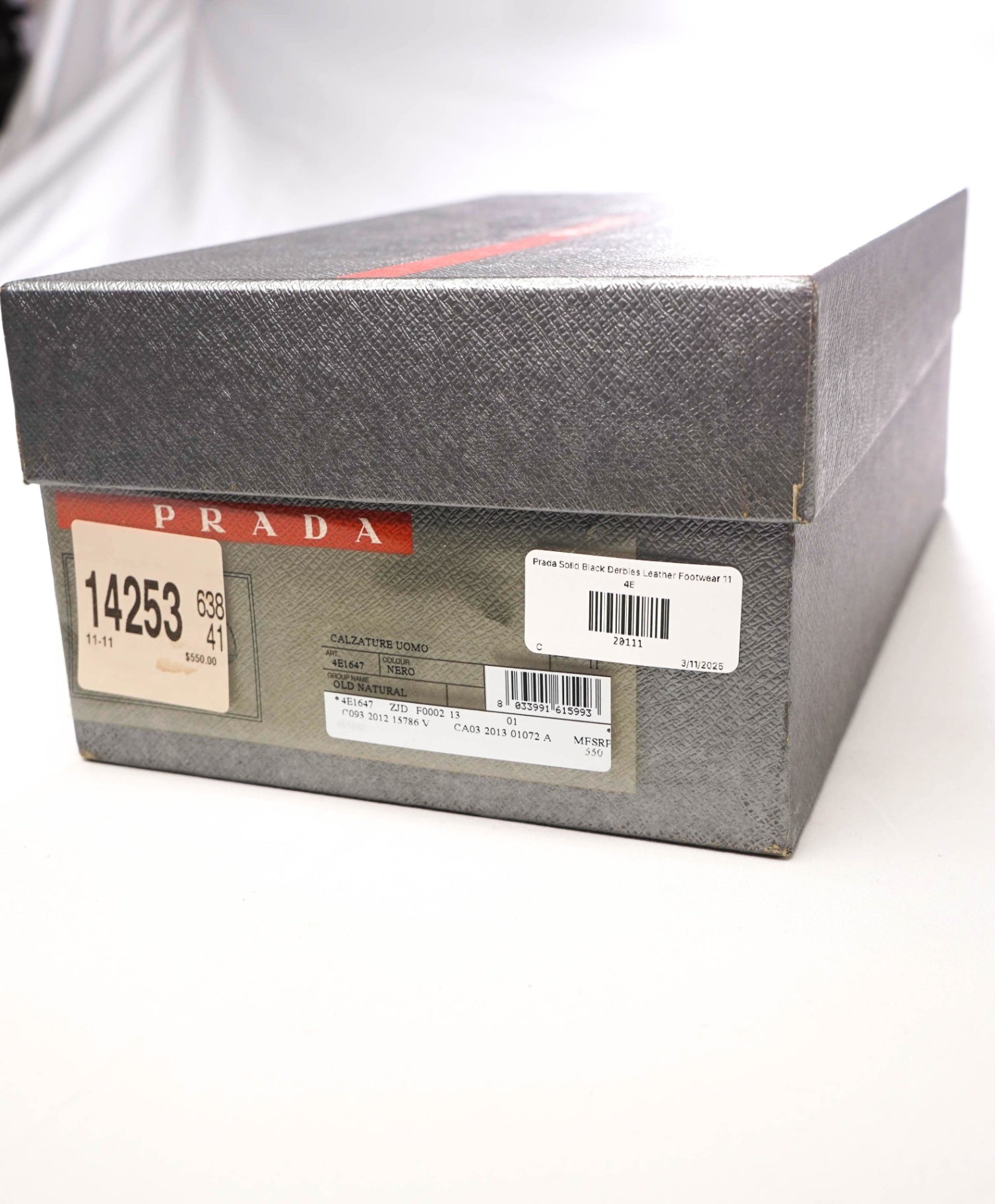 $795 Prada LINEA ROSSA Solid Black Derbies Leather Footwear 12US (11IT) 