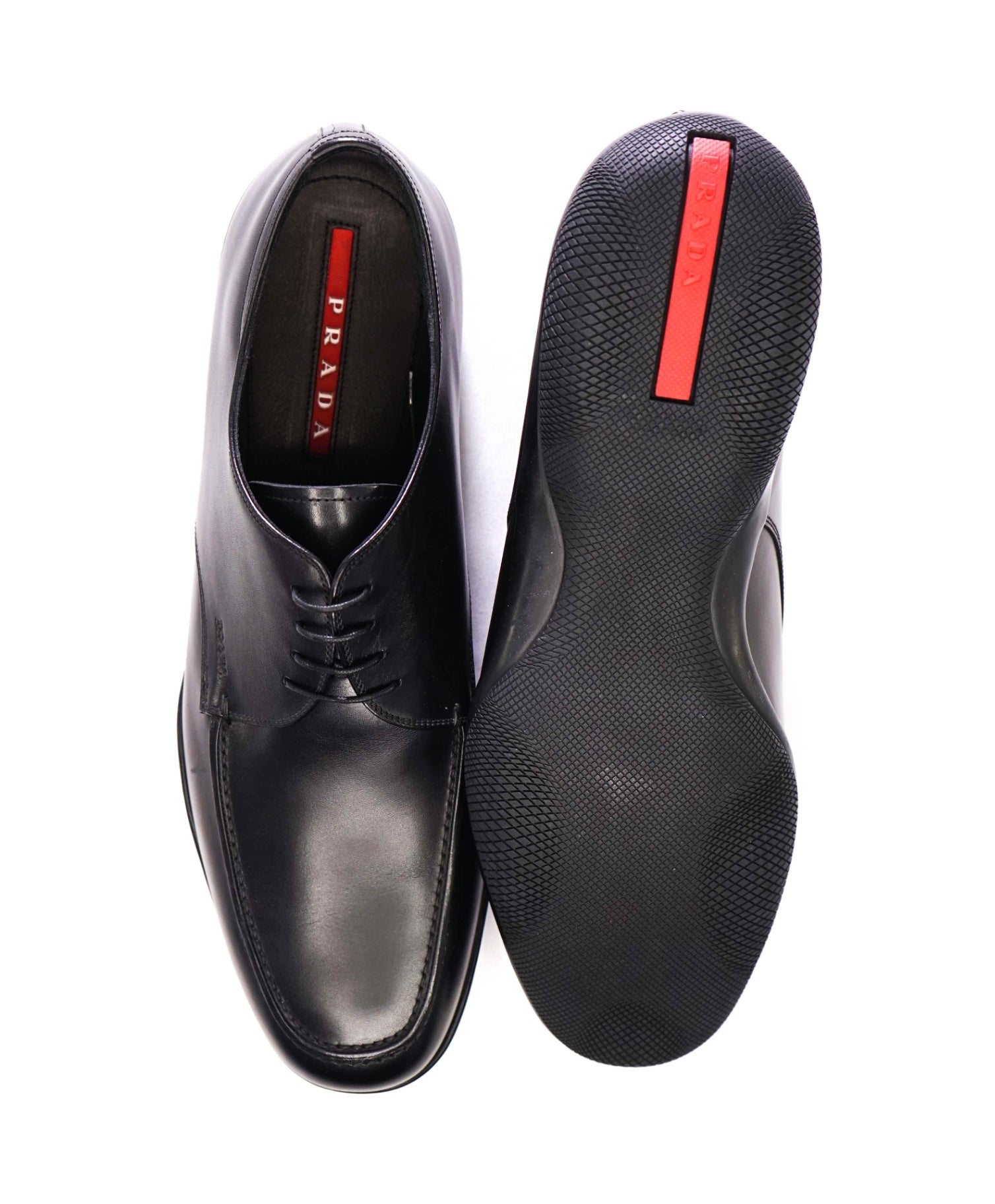 $795 Prada LINEA ROSSA Solid Black Derbies Leather Footwear 12US (11IT) 