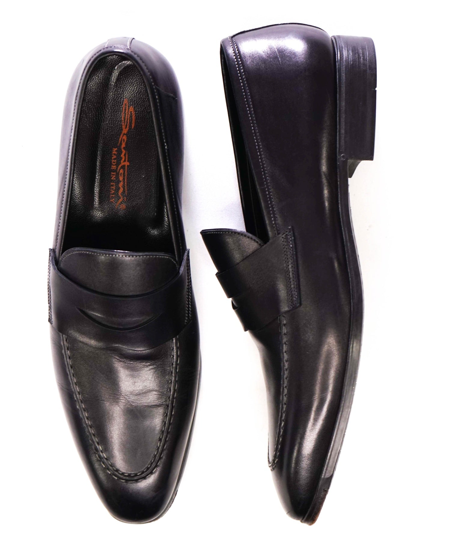 $750 Santoni Solid Black Penny Loafers Leather Footwear 12US (11 IT)