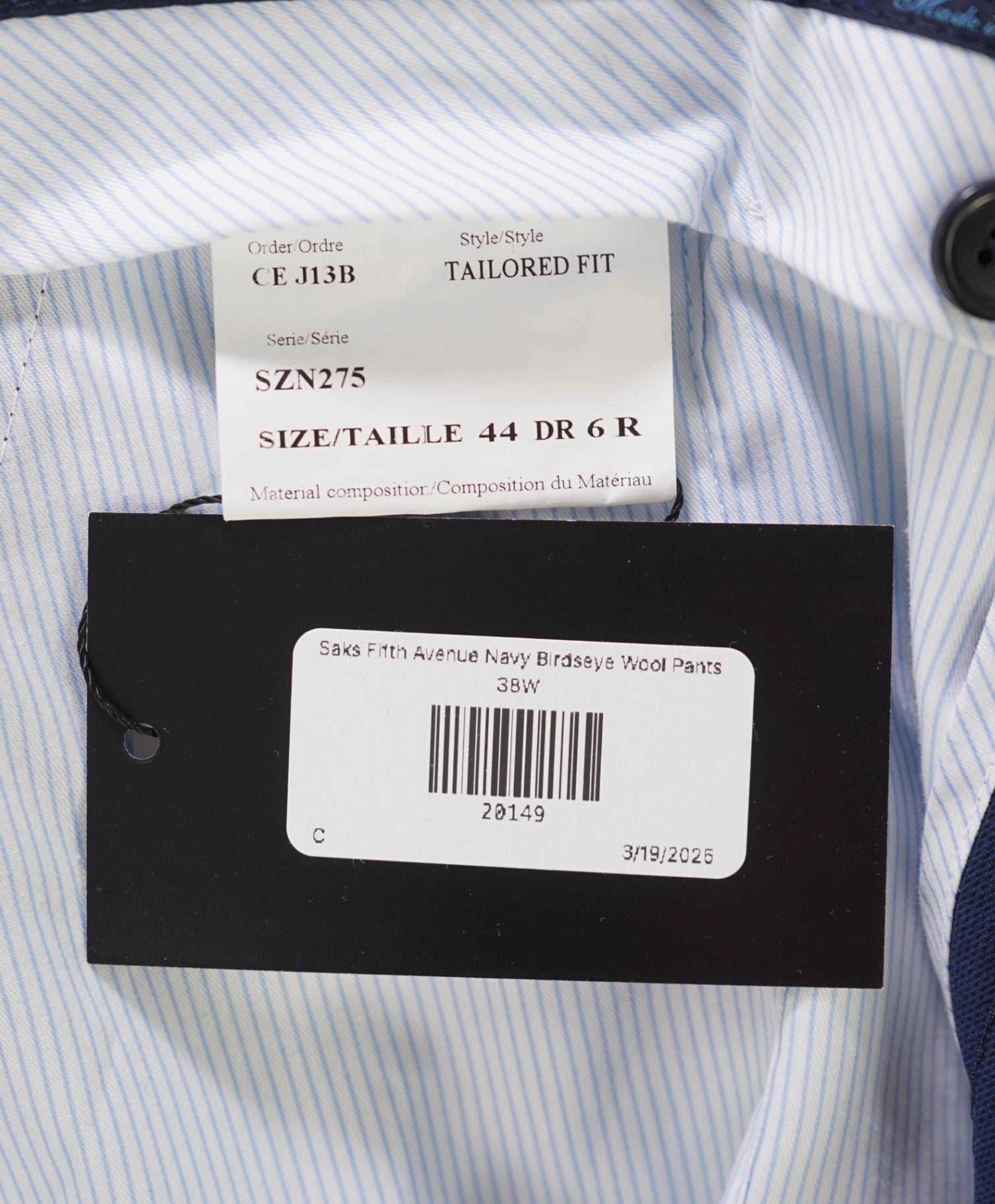 $395 Saks Fifth Avenue Navy Birdseye Wool Pants 38W