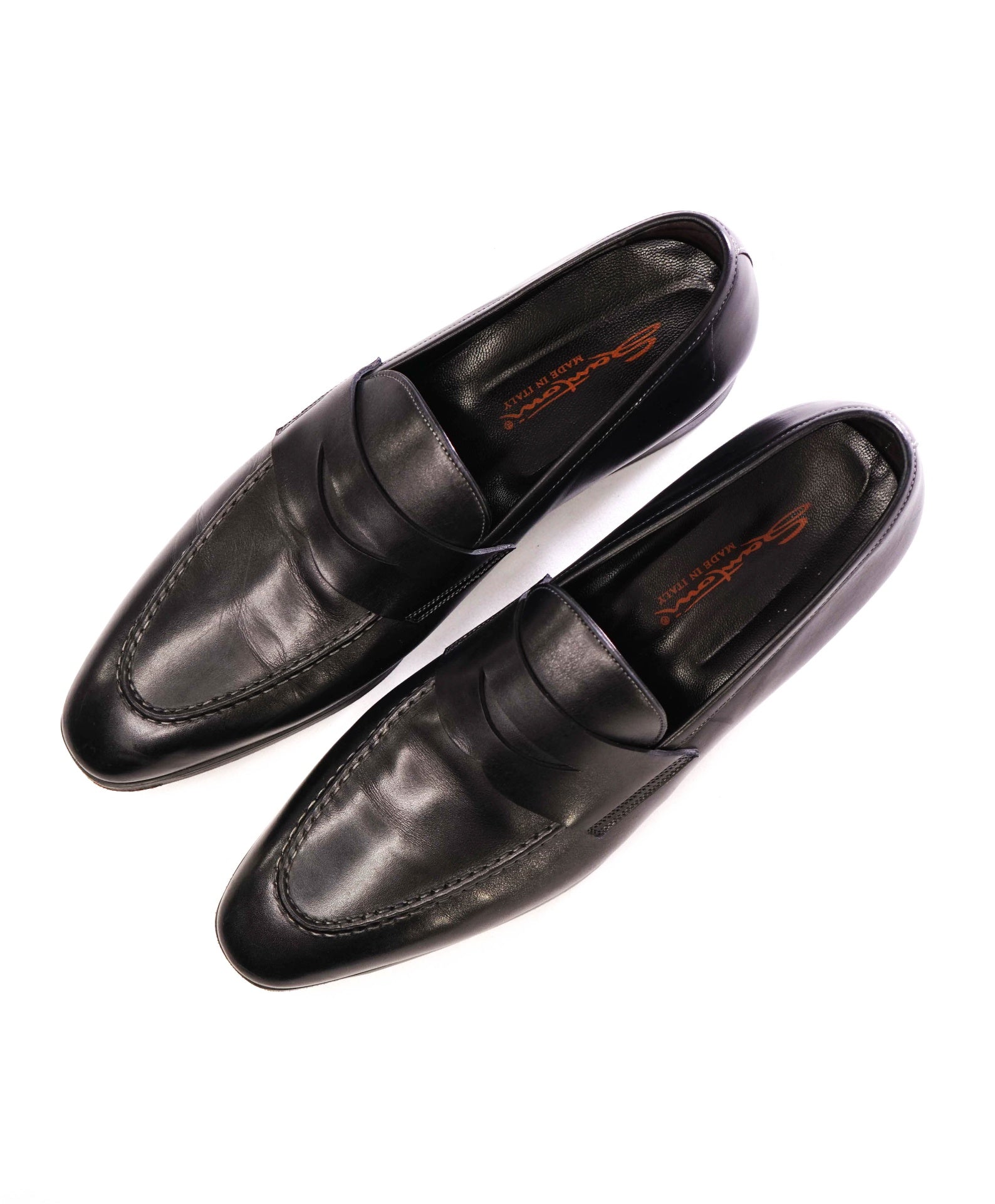 $750 Santoni Solid Black Penny Loafers Leather Footwear 12US (11 IT)