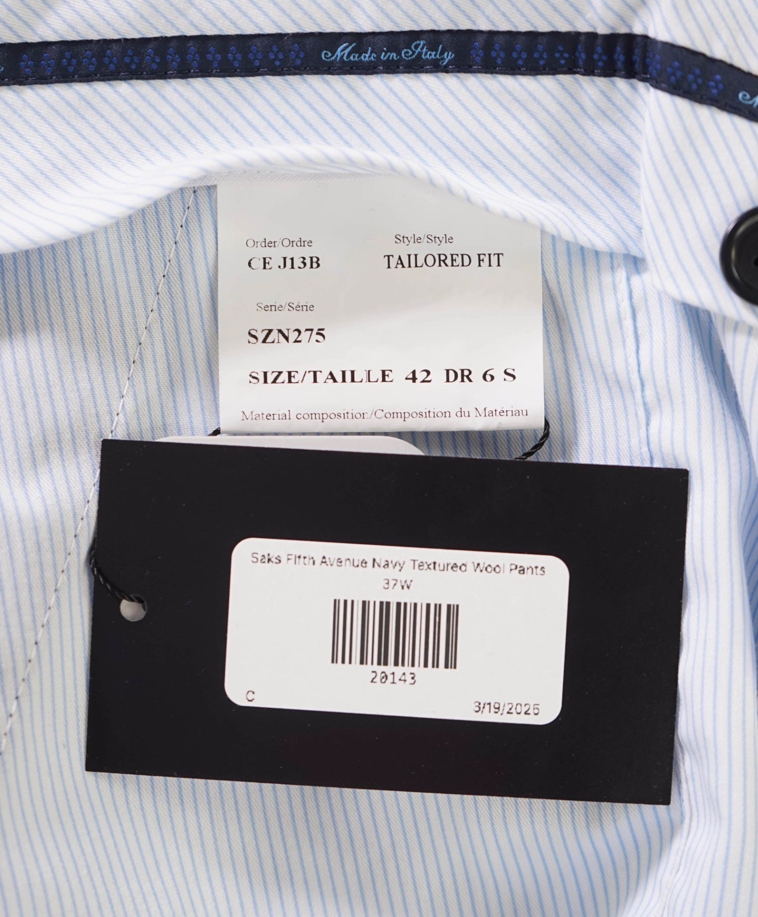 $395 Saks Fifth Avenue Black Blue plaid Wool Pants 34W