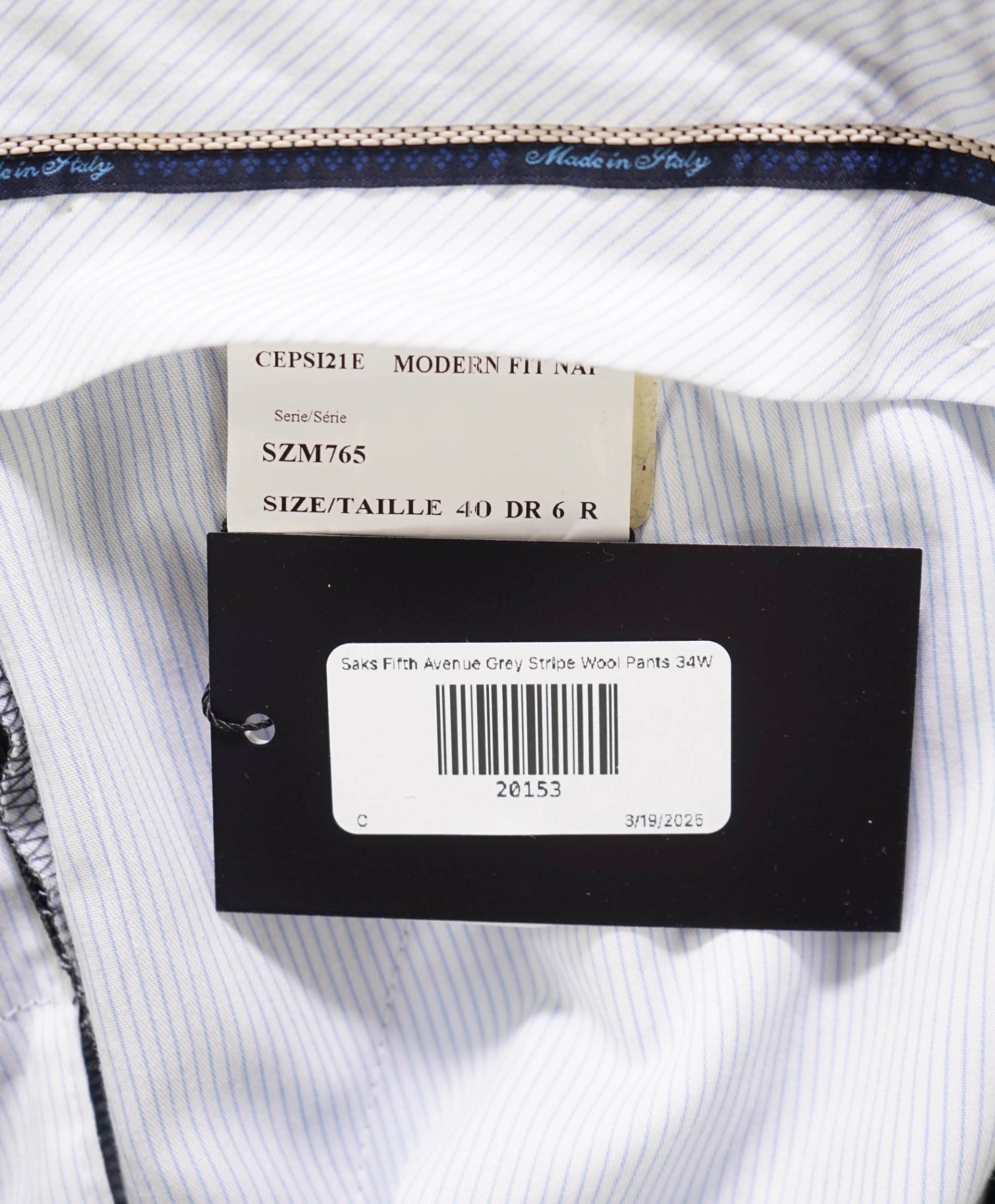 $395 Saks Fifth Avenue Grey Stripe MODERN FIT Wool Pants 34W