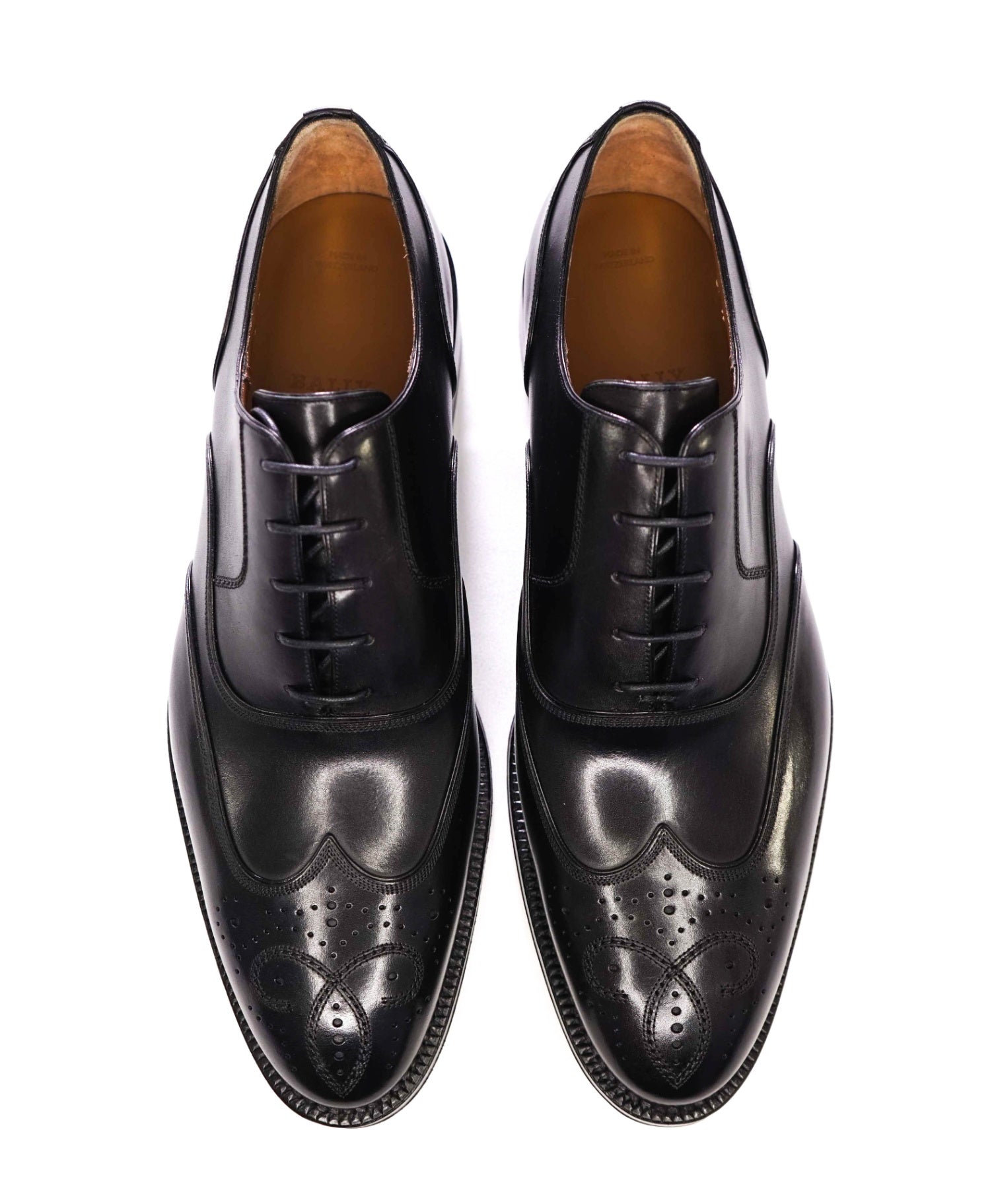 $900 Bally SCRIBE Solid Black Wingtip Oxfords Leather Footwear 9 US